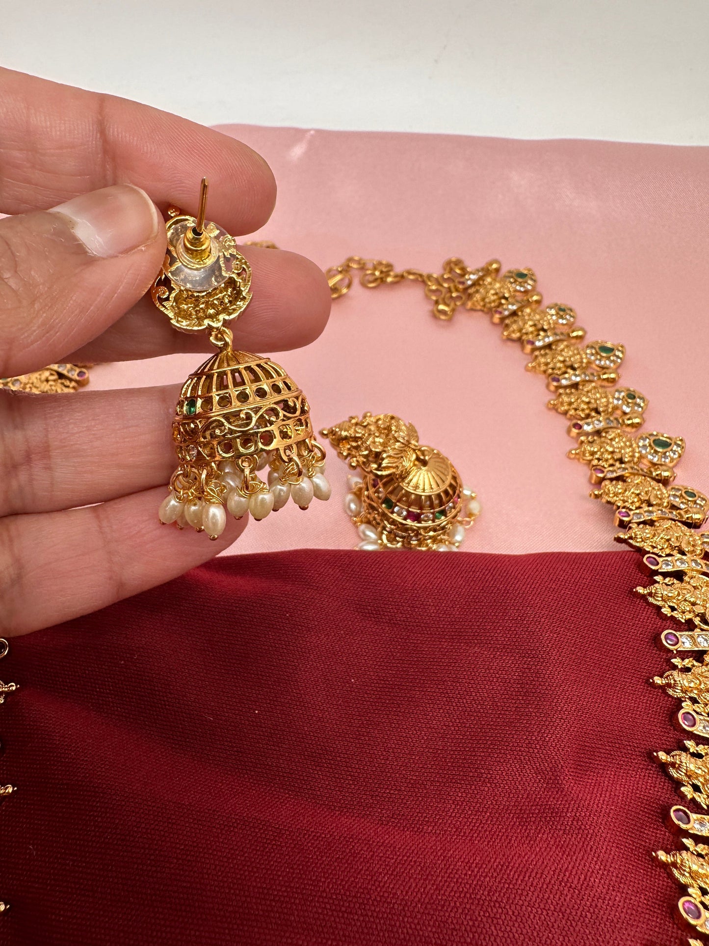 Goddess Lakshmi AD Red Green Stone Necklace