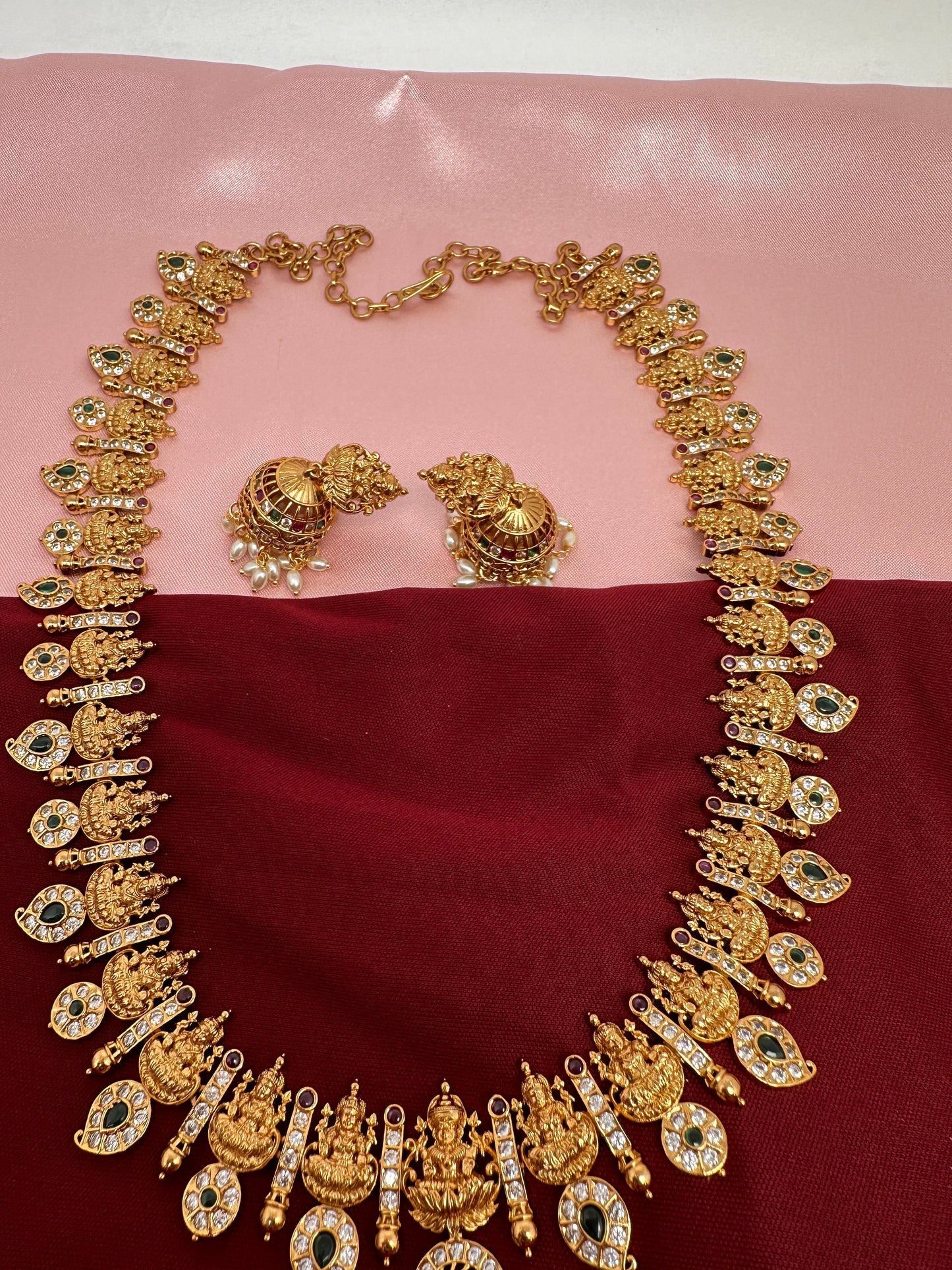 Goddess Lakshmi AD Red Green Stone Necklace
