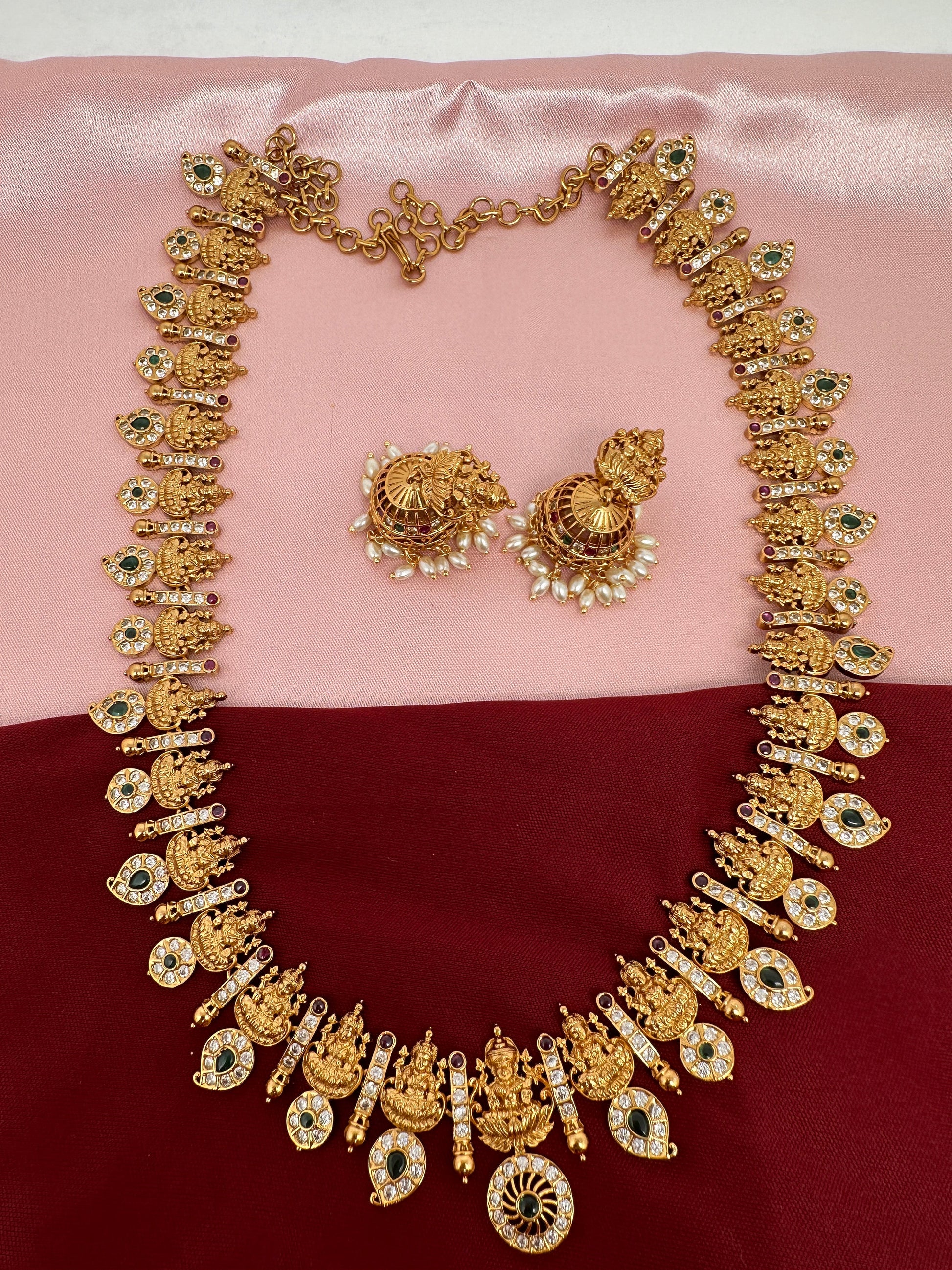 Goddess Lakshmi AD Red Green Stone Necklace