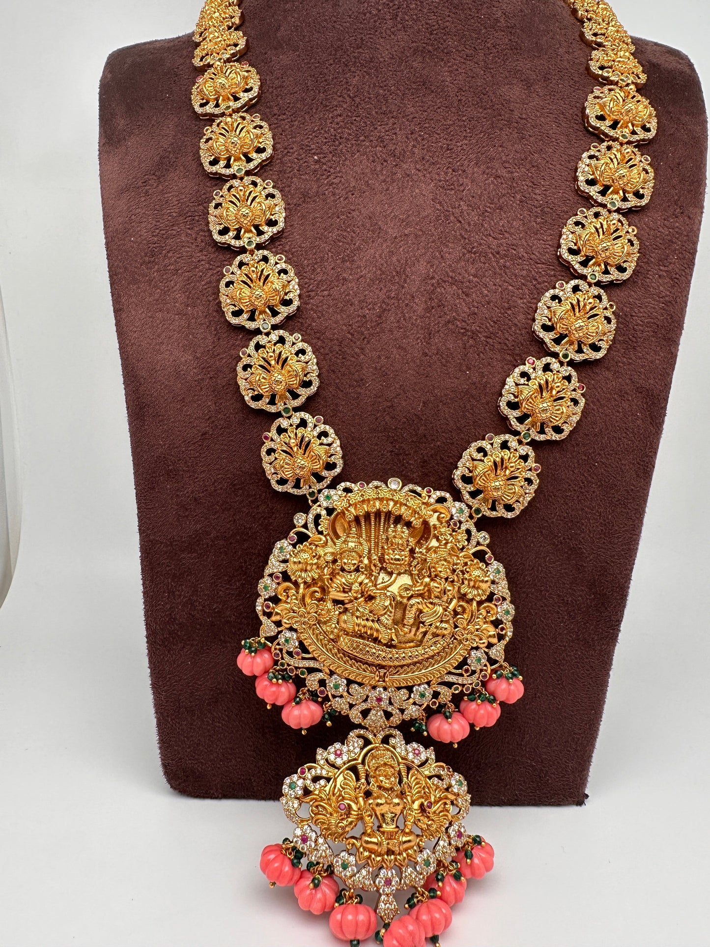 Lord Vishnu Goddess Lakshmi CZ Pink Pumpkin beads Necklace