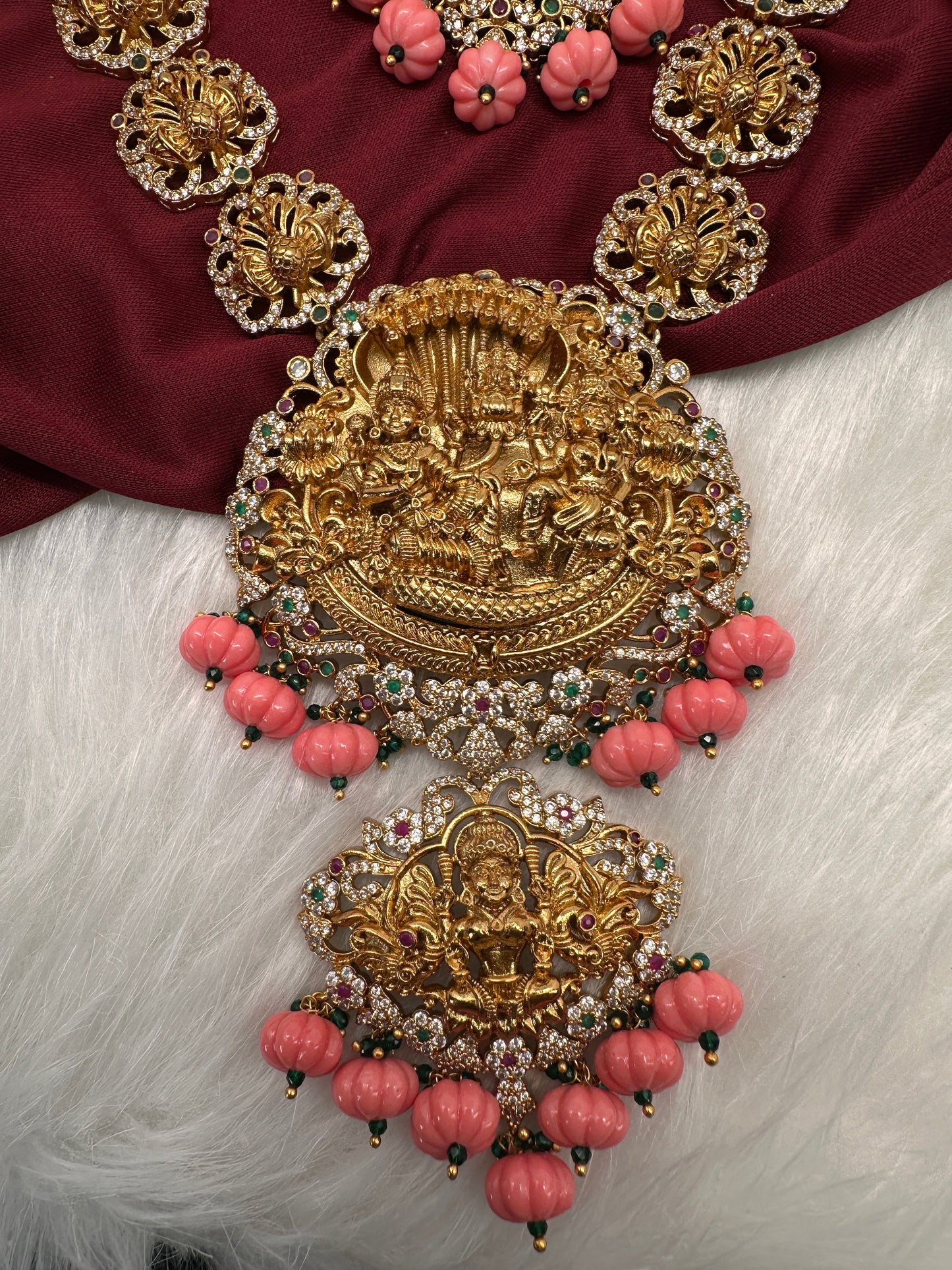 Lord Vishnu Goddess Lakshmi CZ Pink Pumpkin beads Necklace