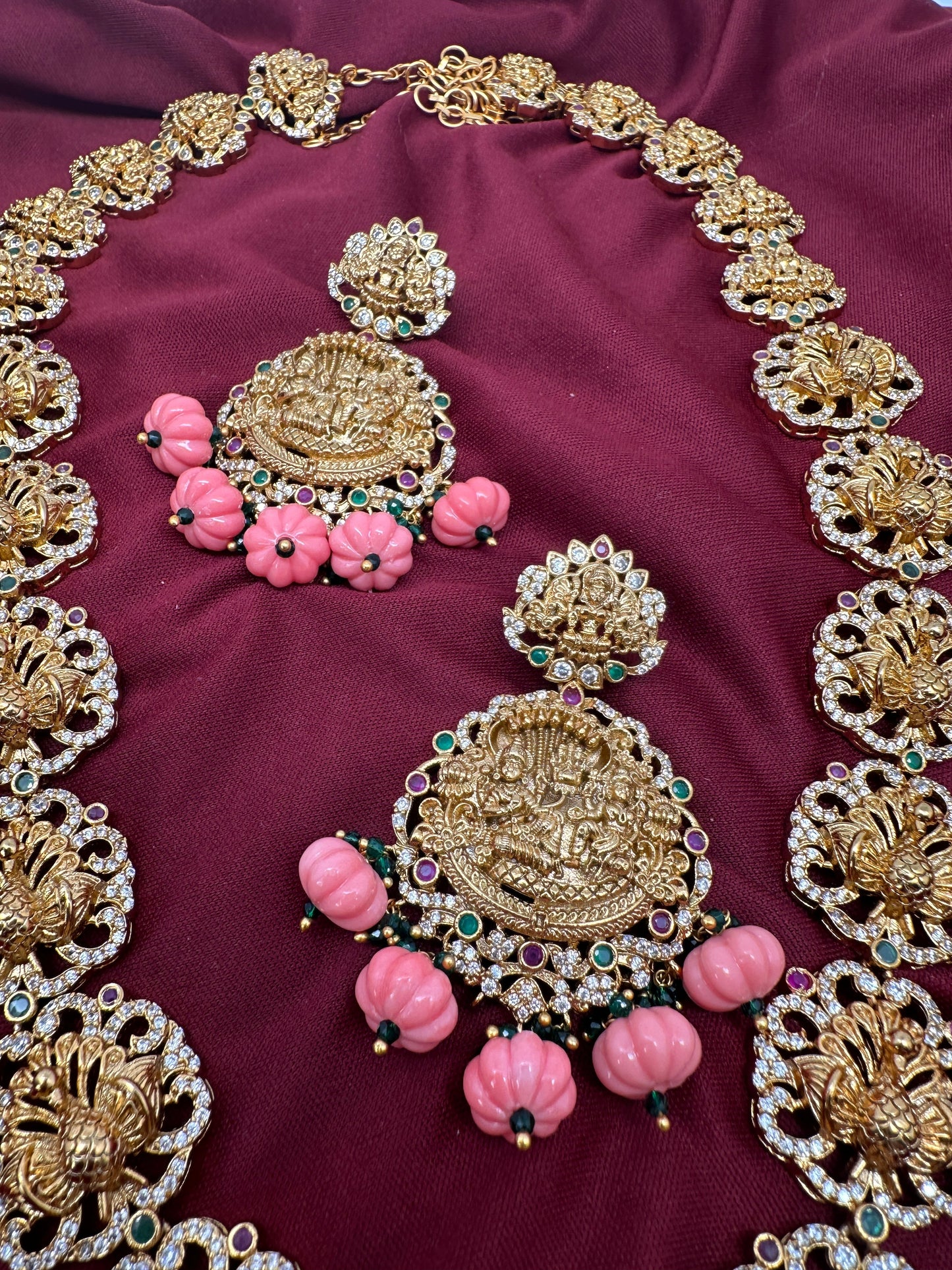 Lord Vishnu Goddess Lakshmi CZ Pink Pumpkin beads Necklace