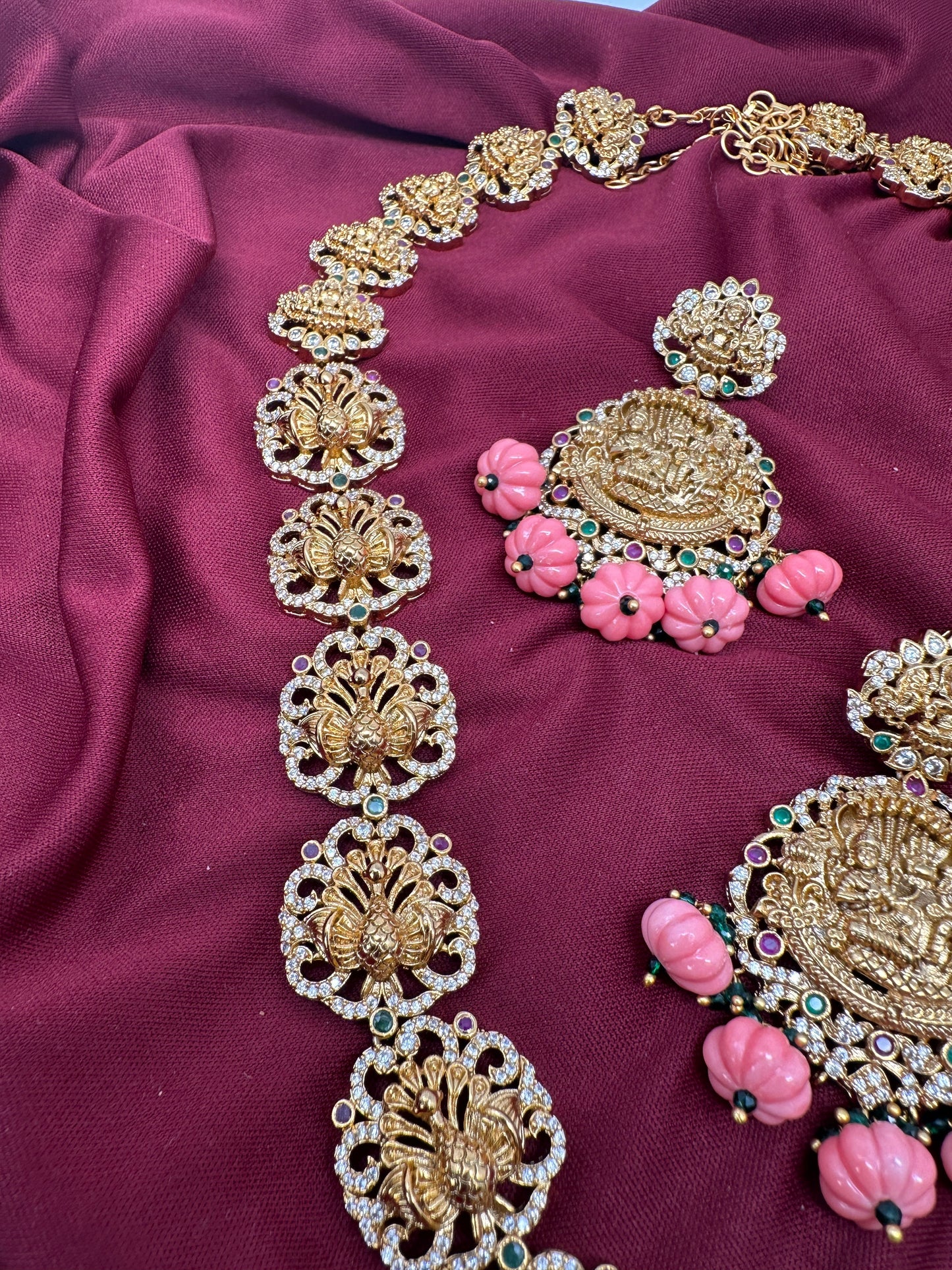 Lord Vishnu Goddess Lakshmi CZ Pink Pumpkin beads Necklace
