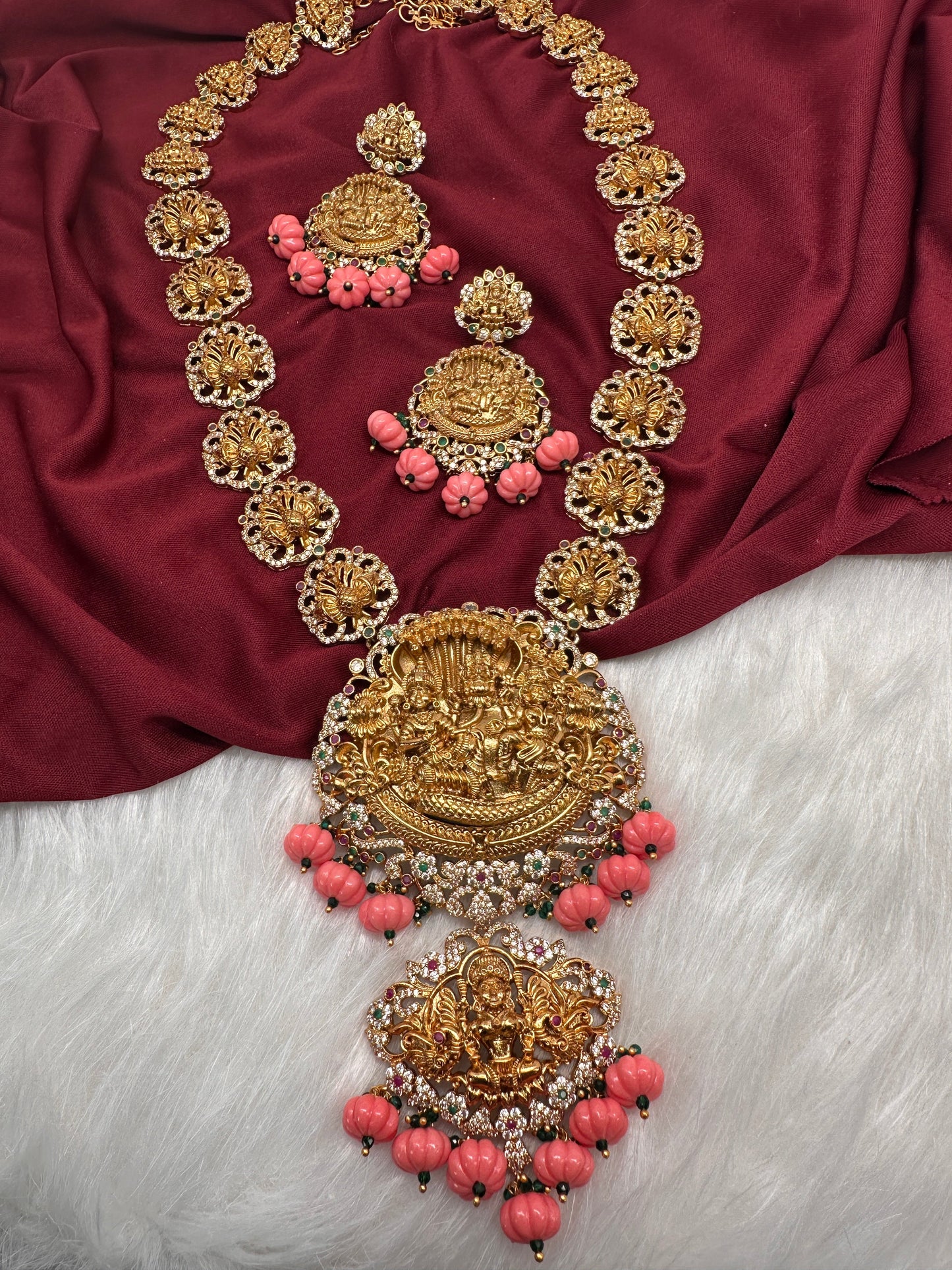 Lord Vishnu Goddess Lakshmi CZ Pink Pumpkin beads Necklace