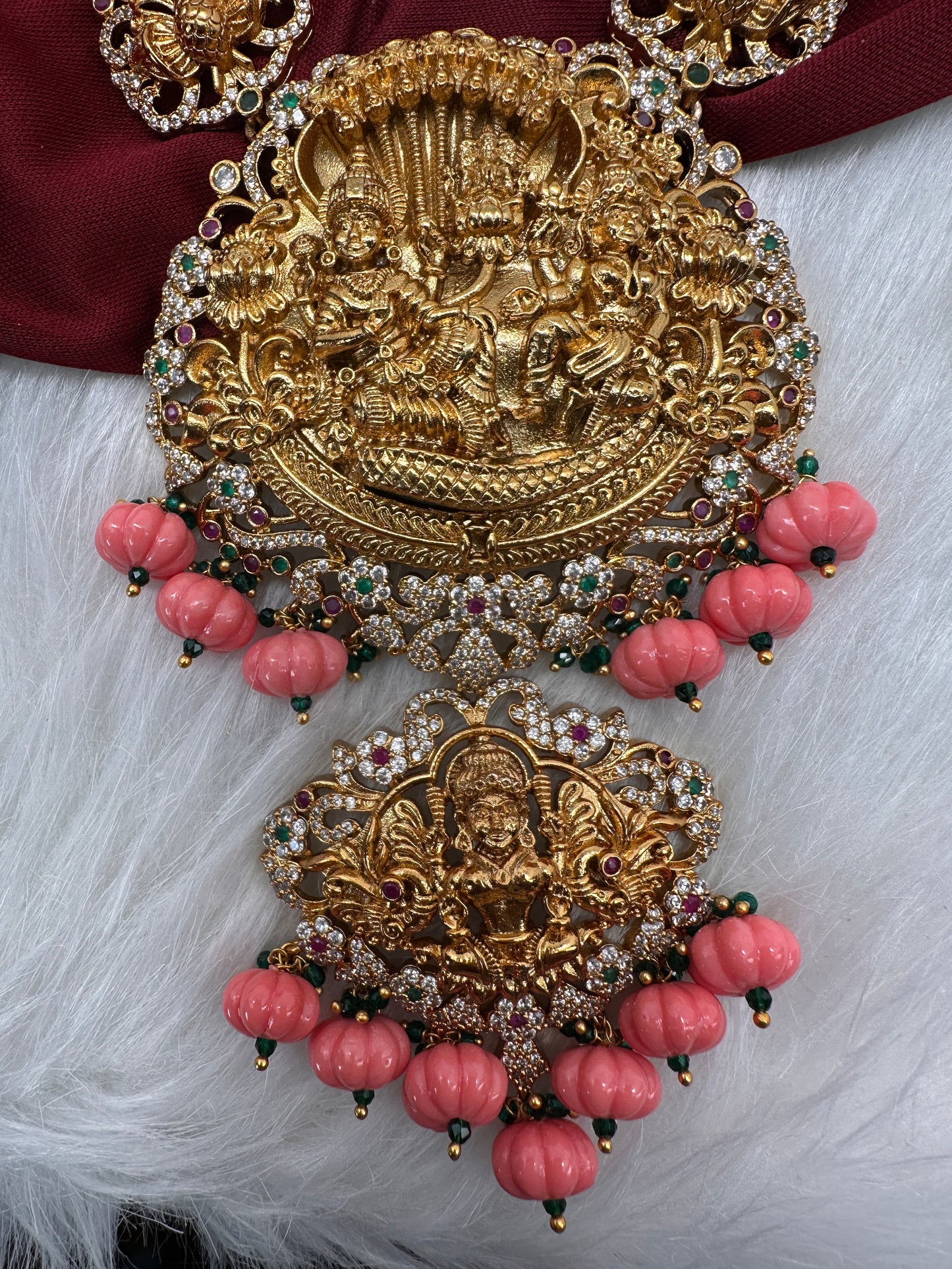 Lord Vishnu Goddess Lakshmi CZ Pink Pumpkin beads Necklace
