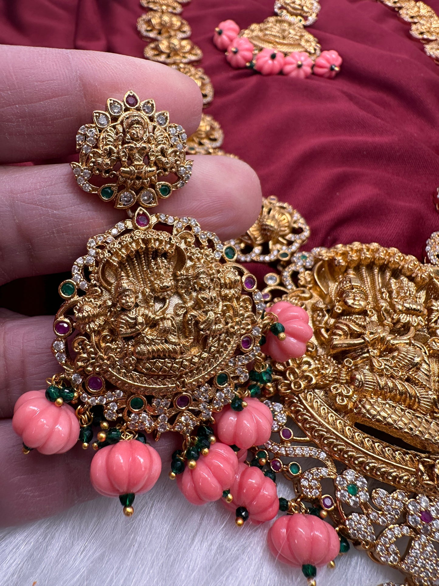 Lord Vishnu Goddess Lakshmi CZ Pink Pumpkin beads Necklace