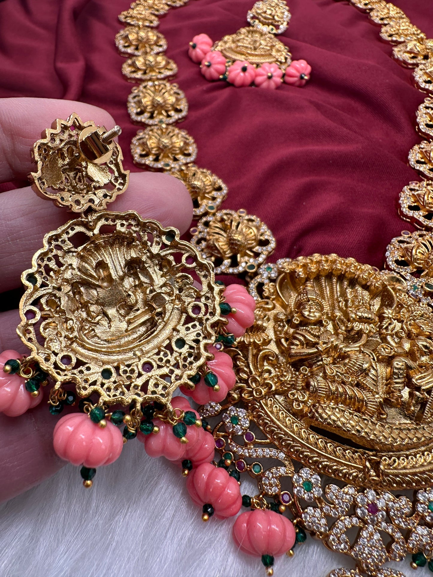 Lord Vishnu Goddess Lakshmi CZ Pink Pumpkin beads Necklace
