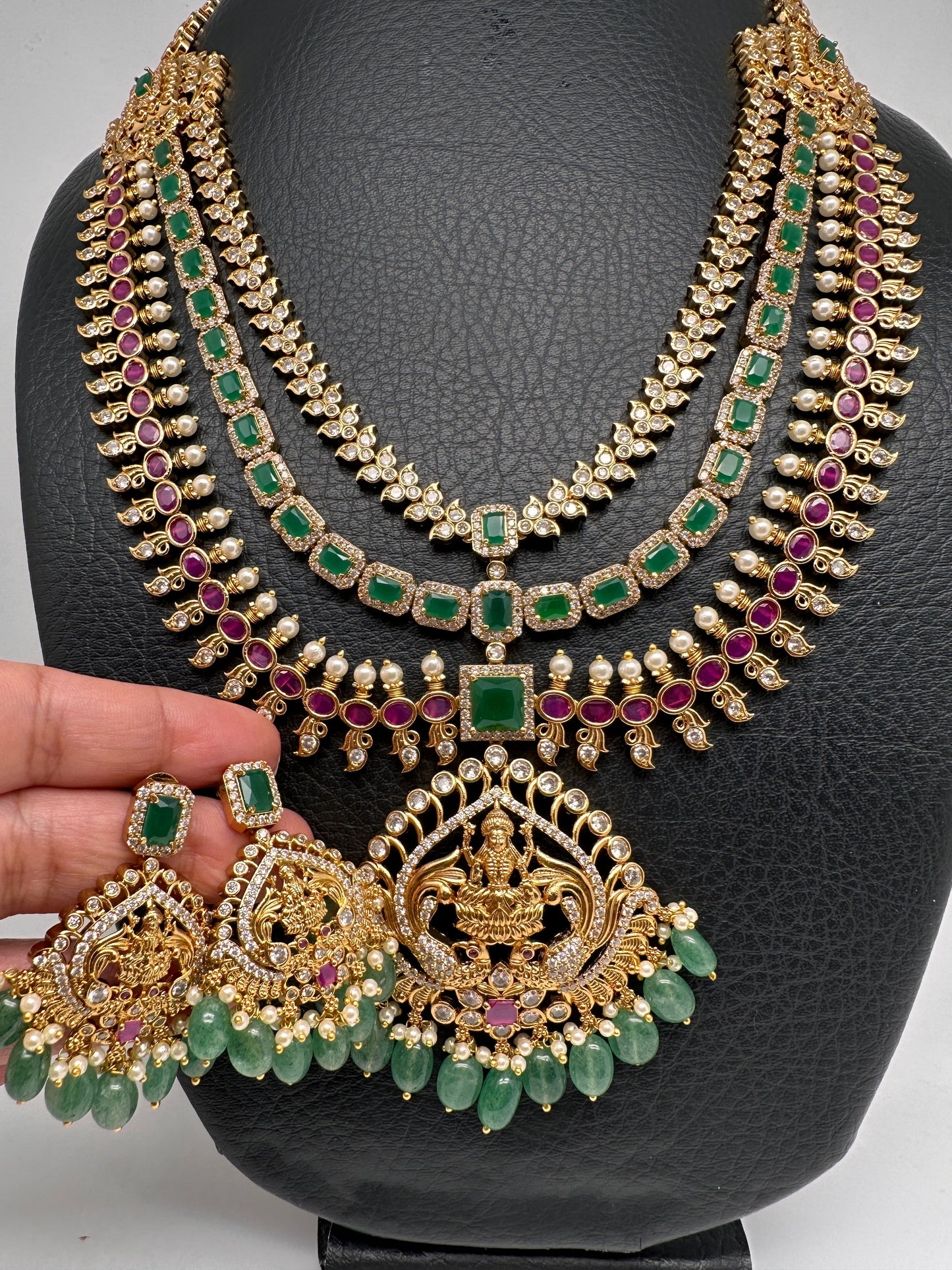 Goddess Lakshmi CZ Red Green Stone Multi Layer Emerald Green beads Necklace