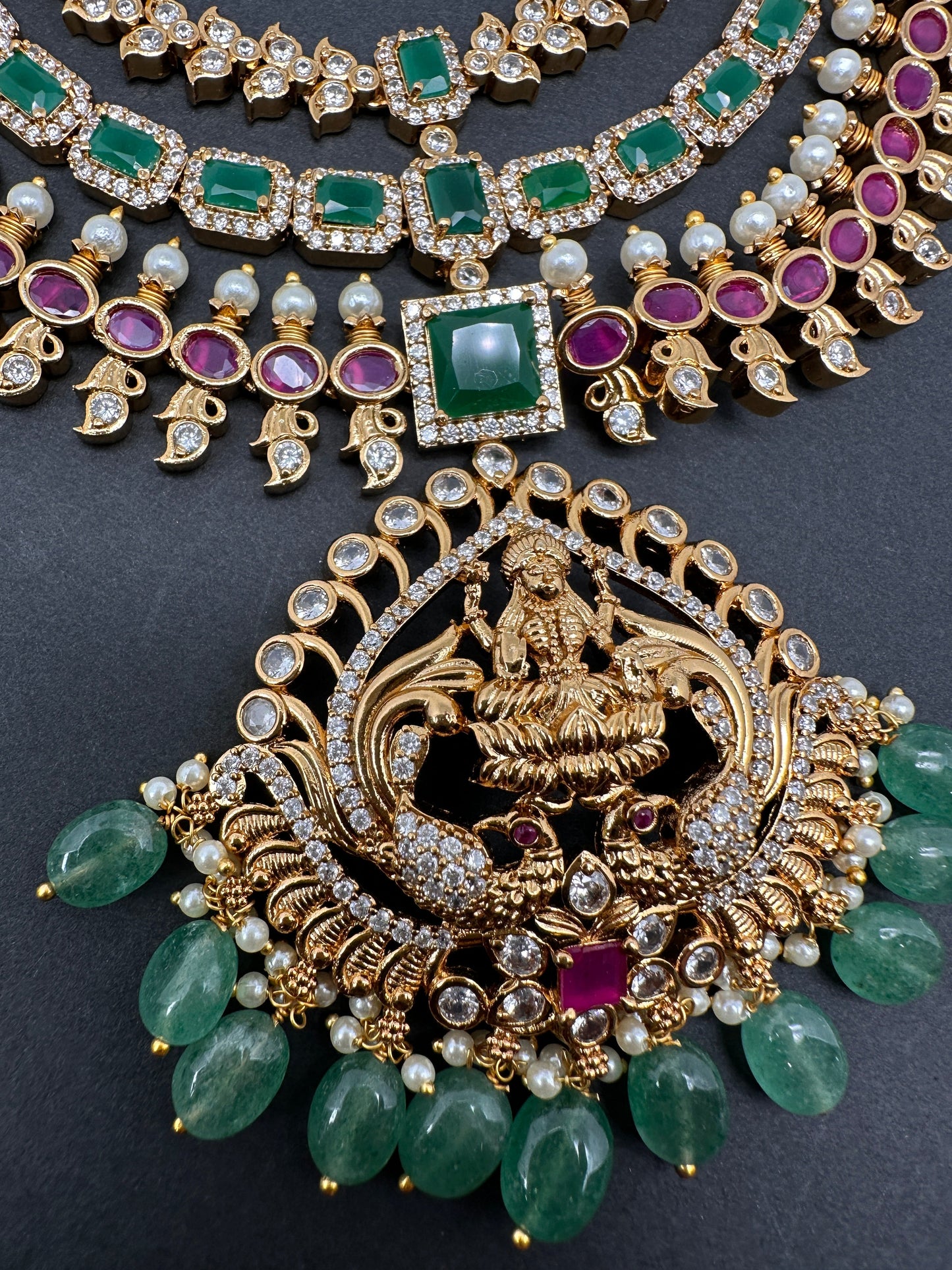 Goddess Lakshmi CZ Red Green Stone Multi Layer Emerald Green beads Necklace
