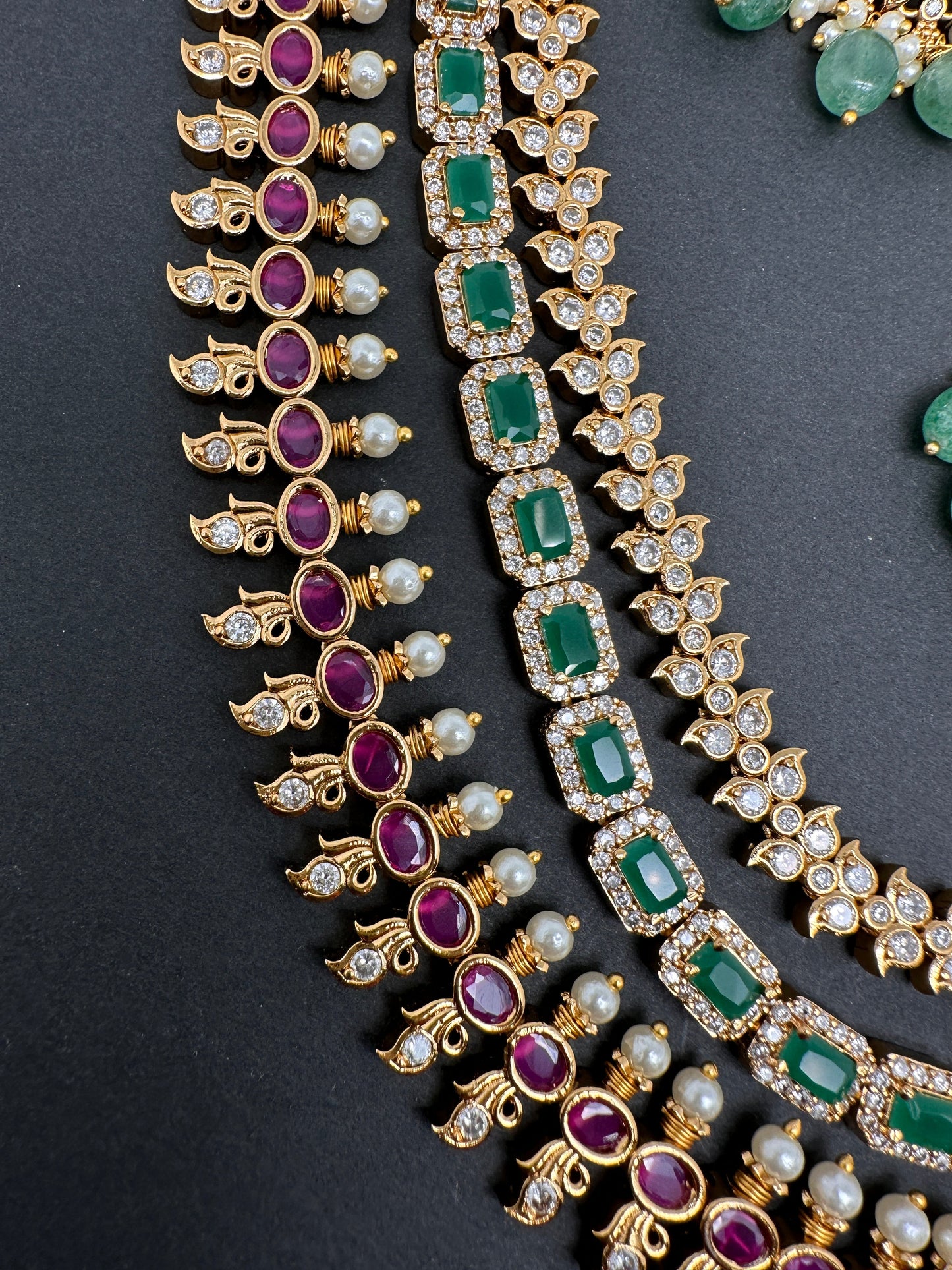 Goddess Lakshmi CZ Red Green Stone Multi Layer Emerald Green beads Necklace