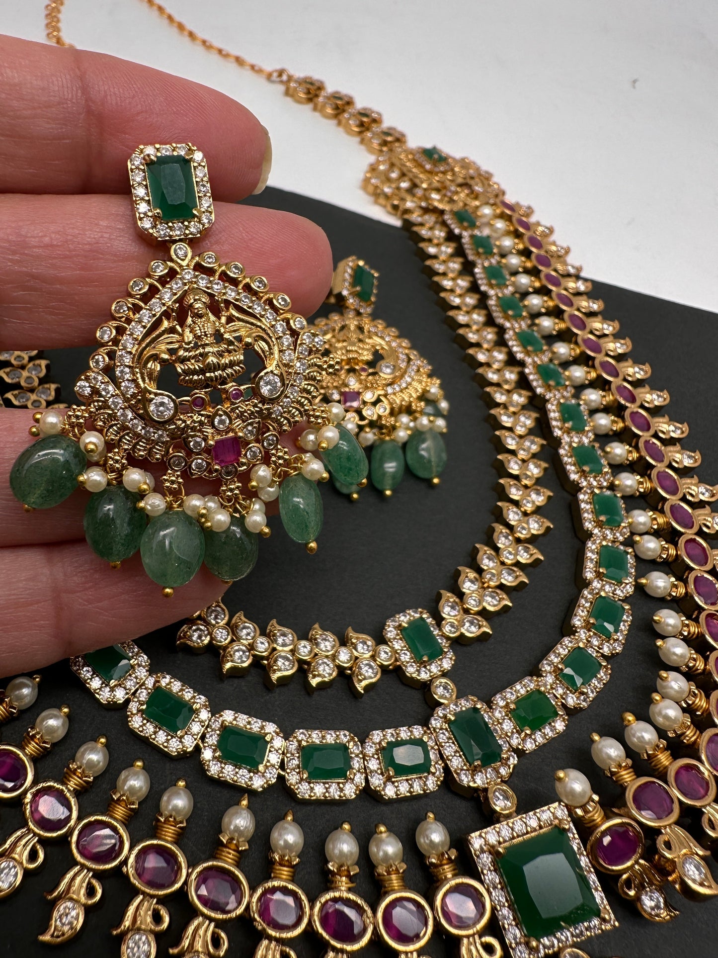 Goddess Lakshmi CZ Red Green Stone Multi Layer Emerald Green beads Necklace