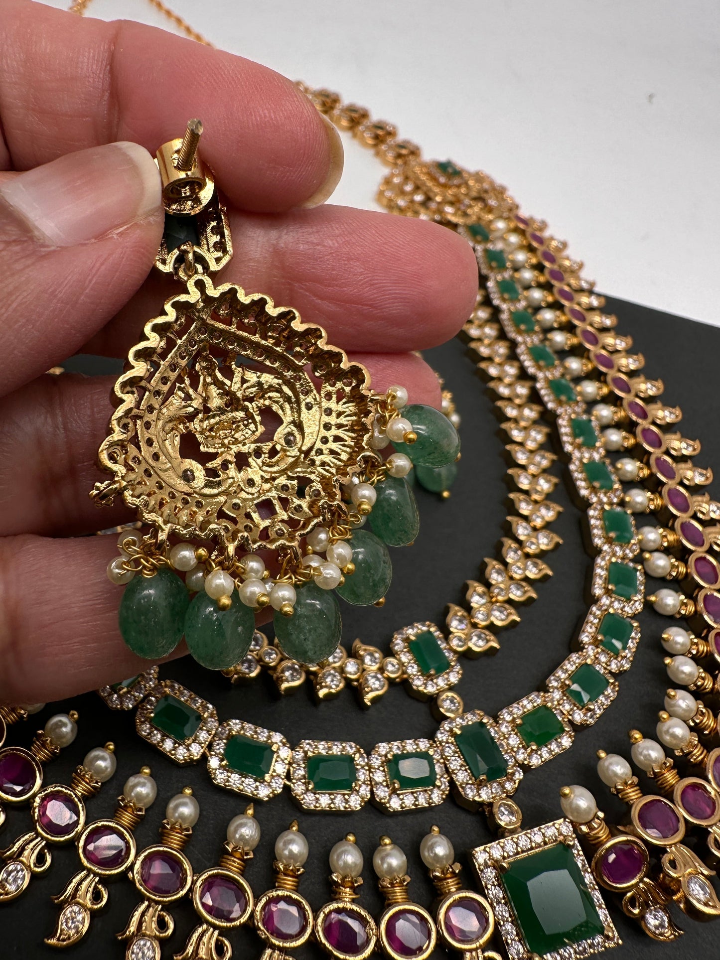 Goddess Lakshmi CZ Red Green Stone Multi Layer Emerald Green beads Necklace
