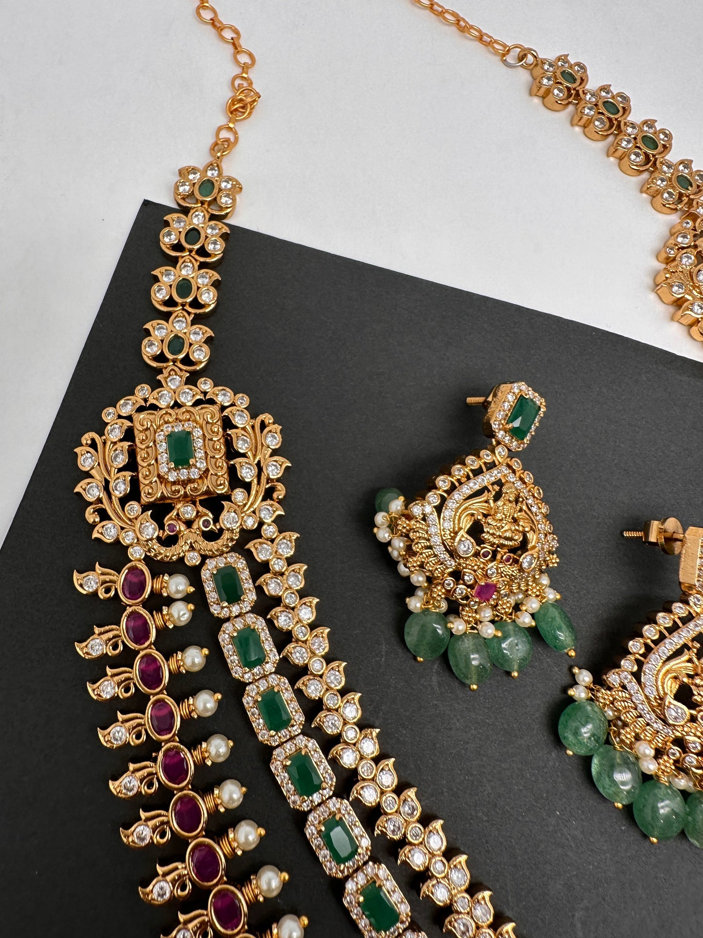 Goddess Lakshmi CZ Red Green Stone Multi Layer Emerald Green beads Necklace