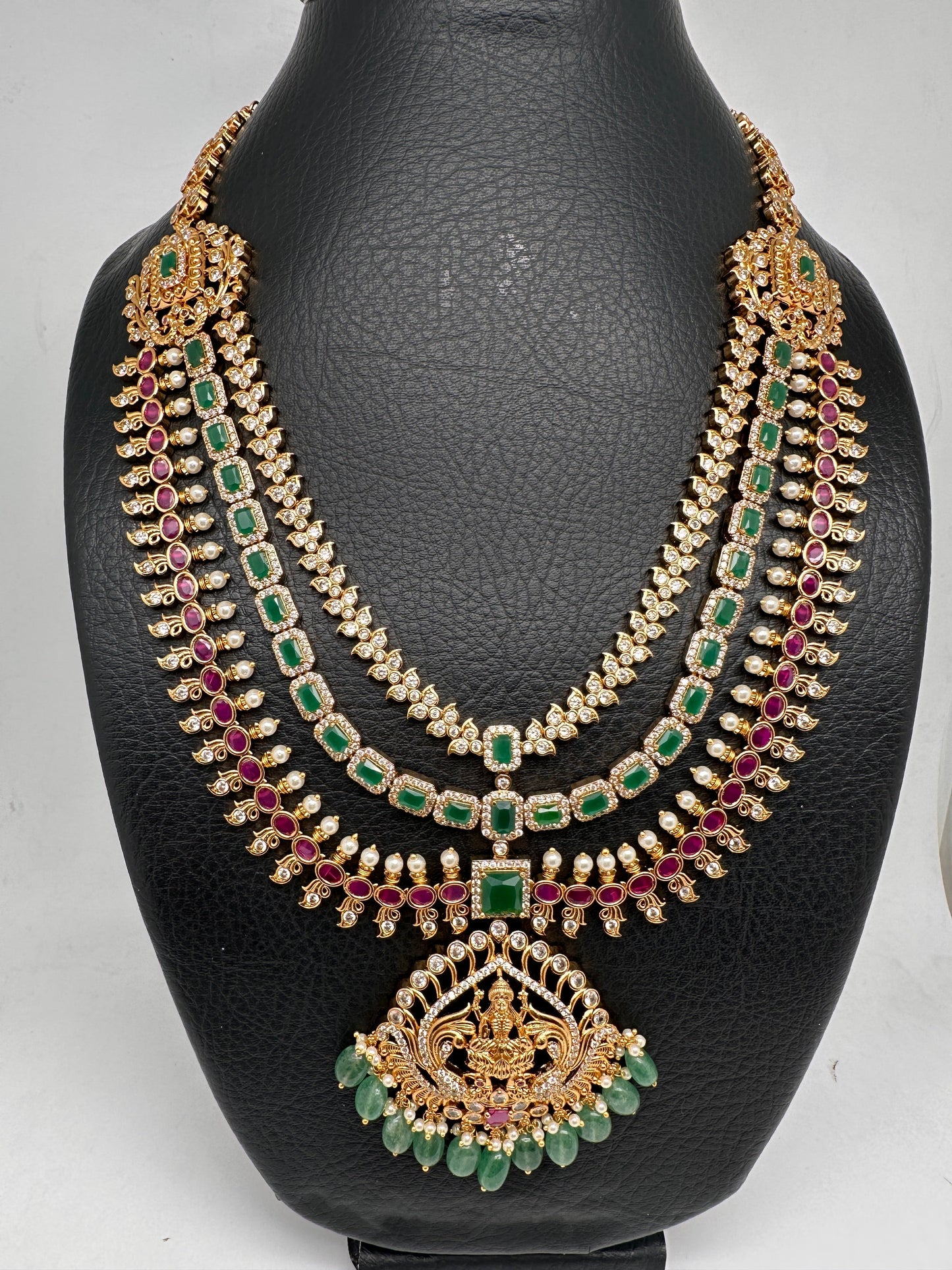 Goddess Lakshmi CZ Red Green Stone Multi Layer Emerald Green beads Necklace