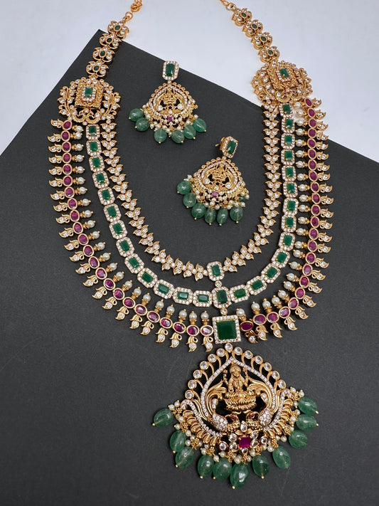 Goddess Lakshmi CZ Red Green Stone Multi Layer Emerald Green beads Necklace