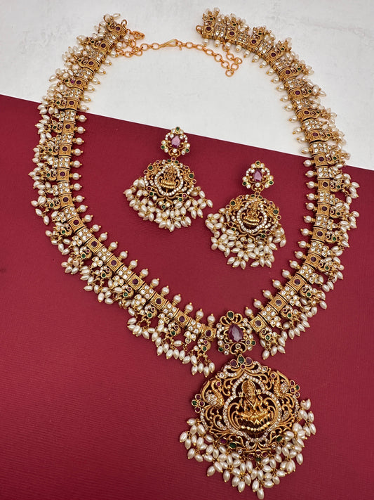 Goddess Lakshmi CZ Red Green Stone Guttapusalu Necklace