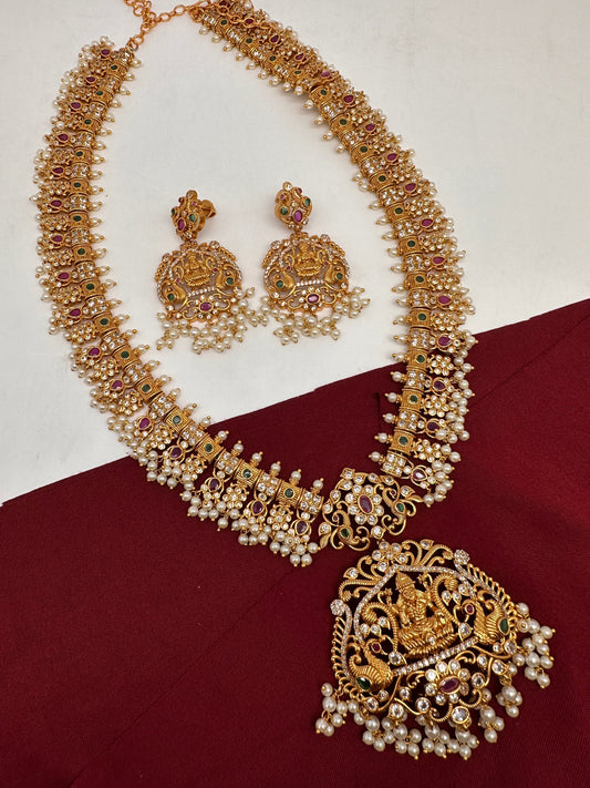 Goddess Lakshmi CZ Red Green Stone Round Pearls Guttapusalu Necklace
