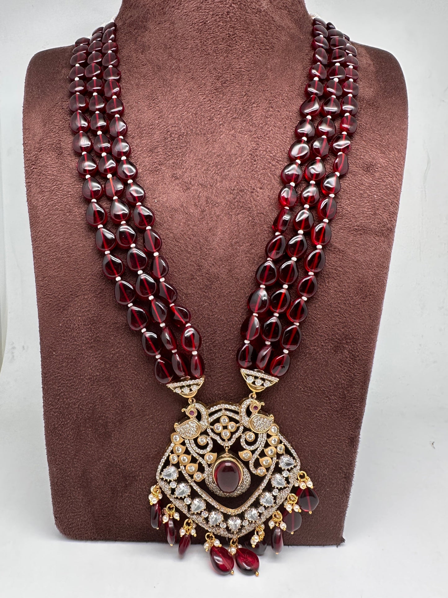 Victorian Moissanite Marron Red Beads Long Necklace