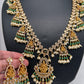 Goddess Lakshmi CZ Color Stone Rice Pearls Guttapusalu Necklace - Green