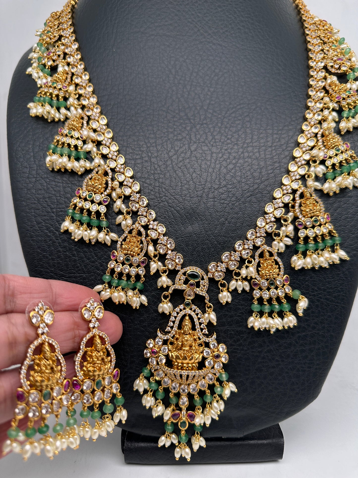 Goddess Lakshmi CZ Color Stone Rice Pearls Guttapusalu Necklace - Green