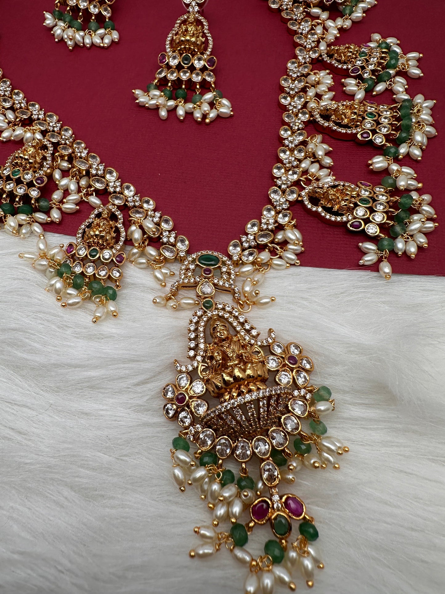 Goddess Lakshmi CZ Color Stone Rice Pearls Guttapusalu Necklace - Green