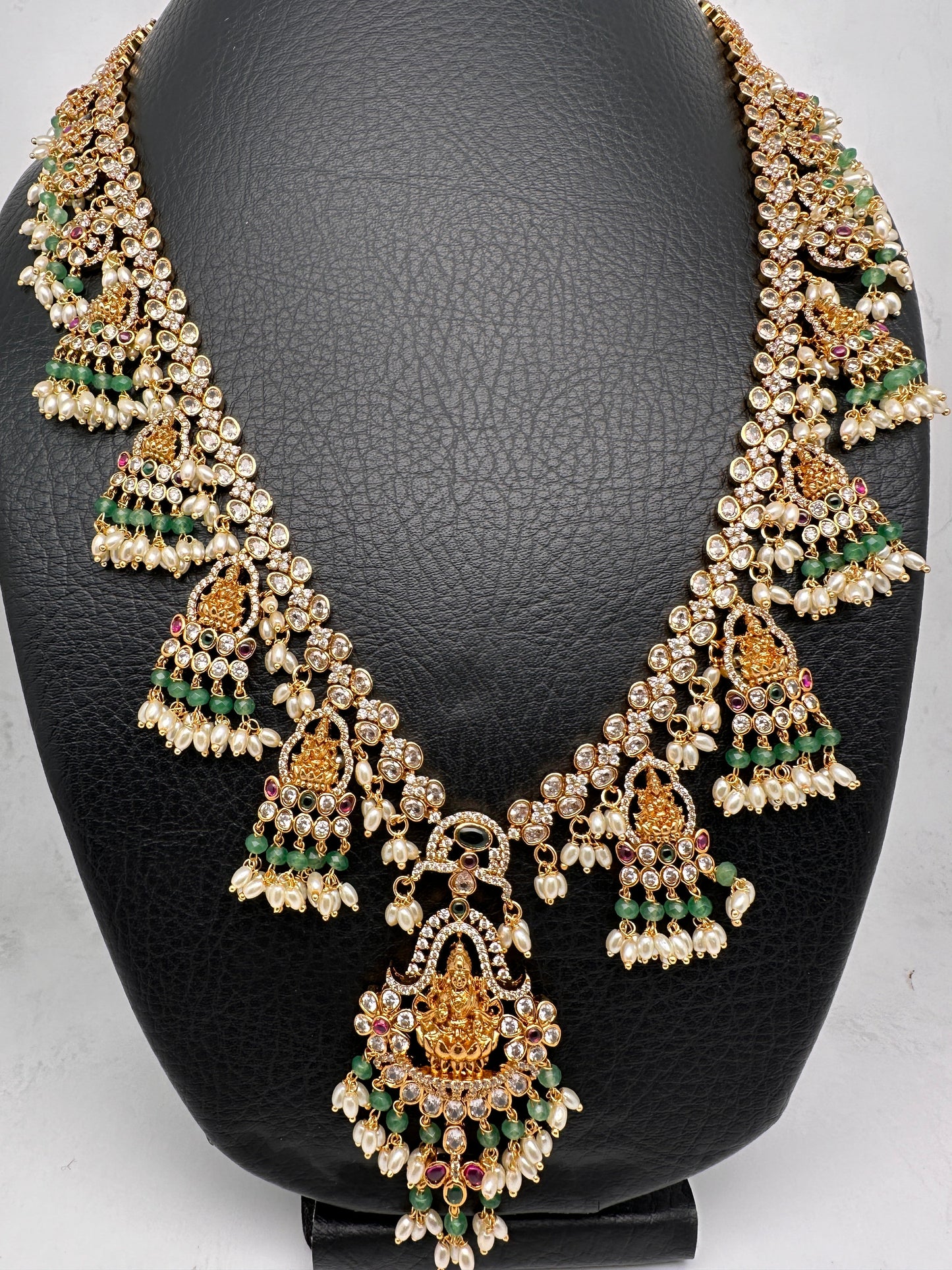 Goddess Lakshmi CZ Color Stone Rice Pearls Guttapusalu Necklace - Green