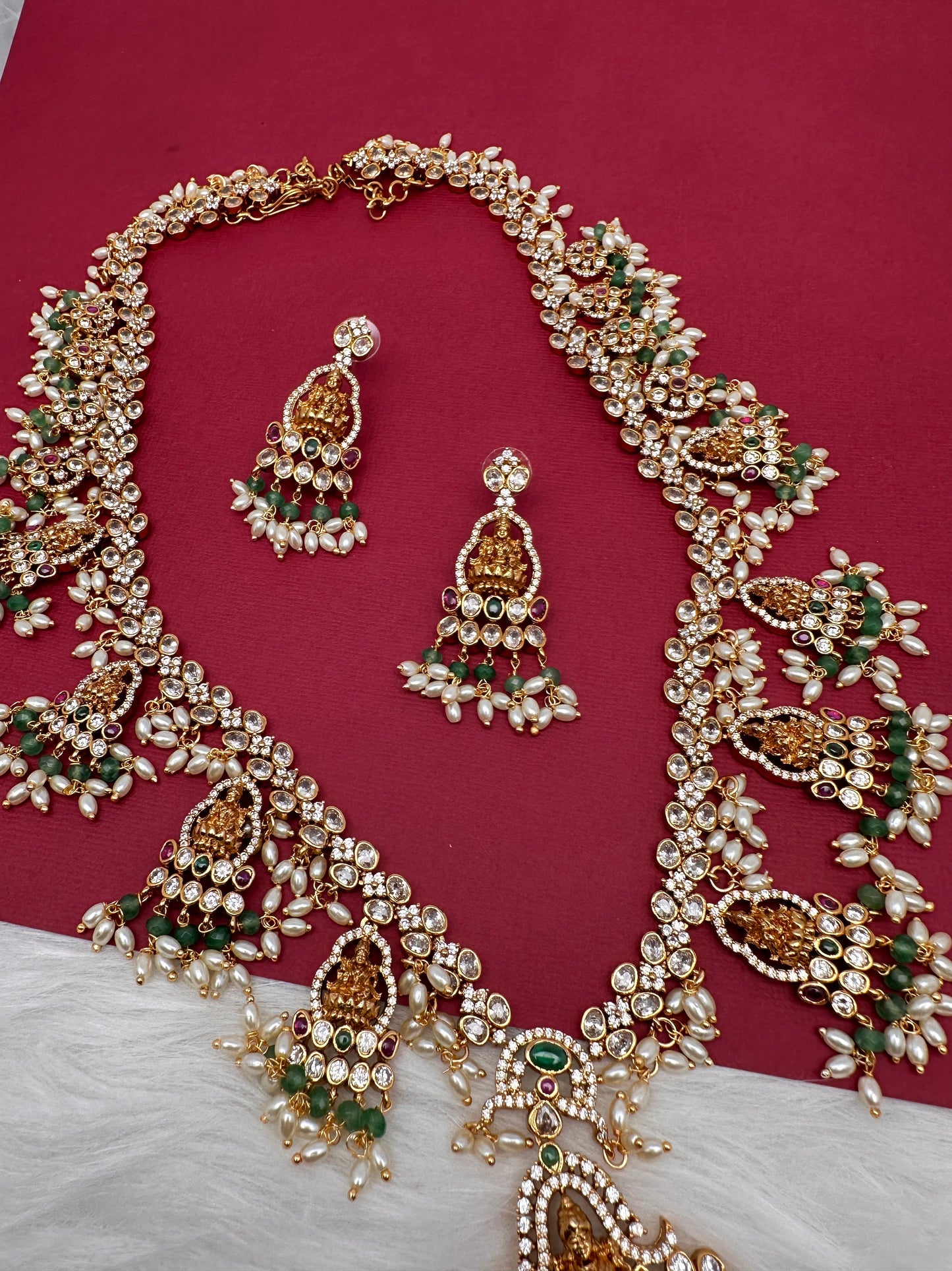 Goddess Lakshmi CZ Color Stone Rice Pearls Guttapusalu Necklace - Green