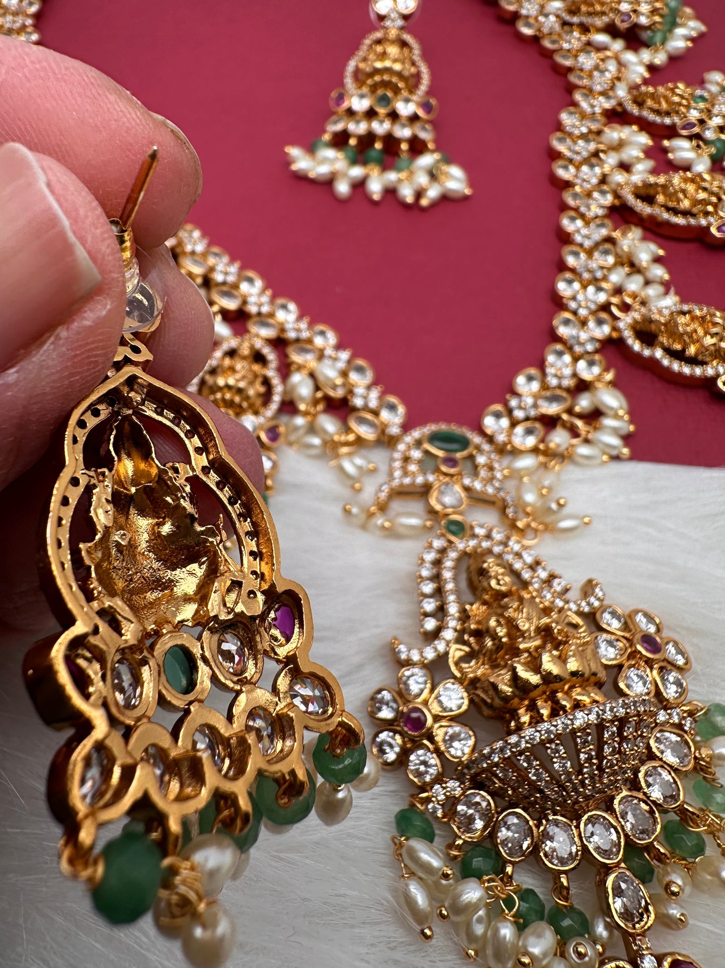 Goddess Lakshmi CZ Color Stone Rice Pearls Guttapusalu Necklace - Green