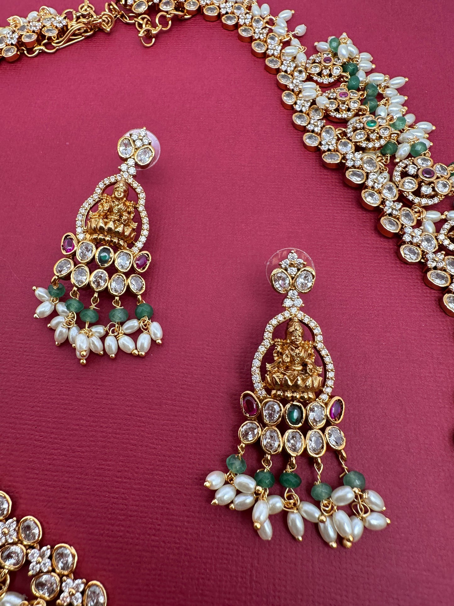 Goddess Lakshmi CZ Color Stone Rice Pearls Guttapusalu Necklace - Green