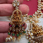 Goddess Lakshmi CZ Color Stone Rice Pearls Guttapusalu Necklace - Green