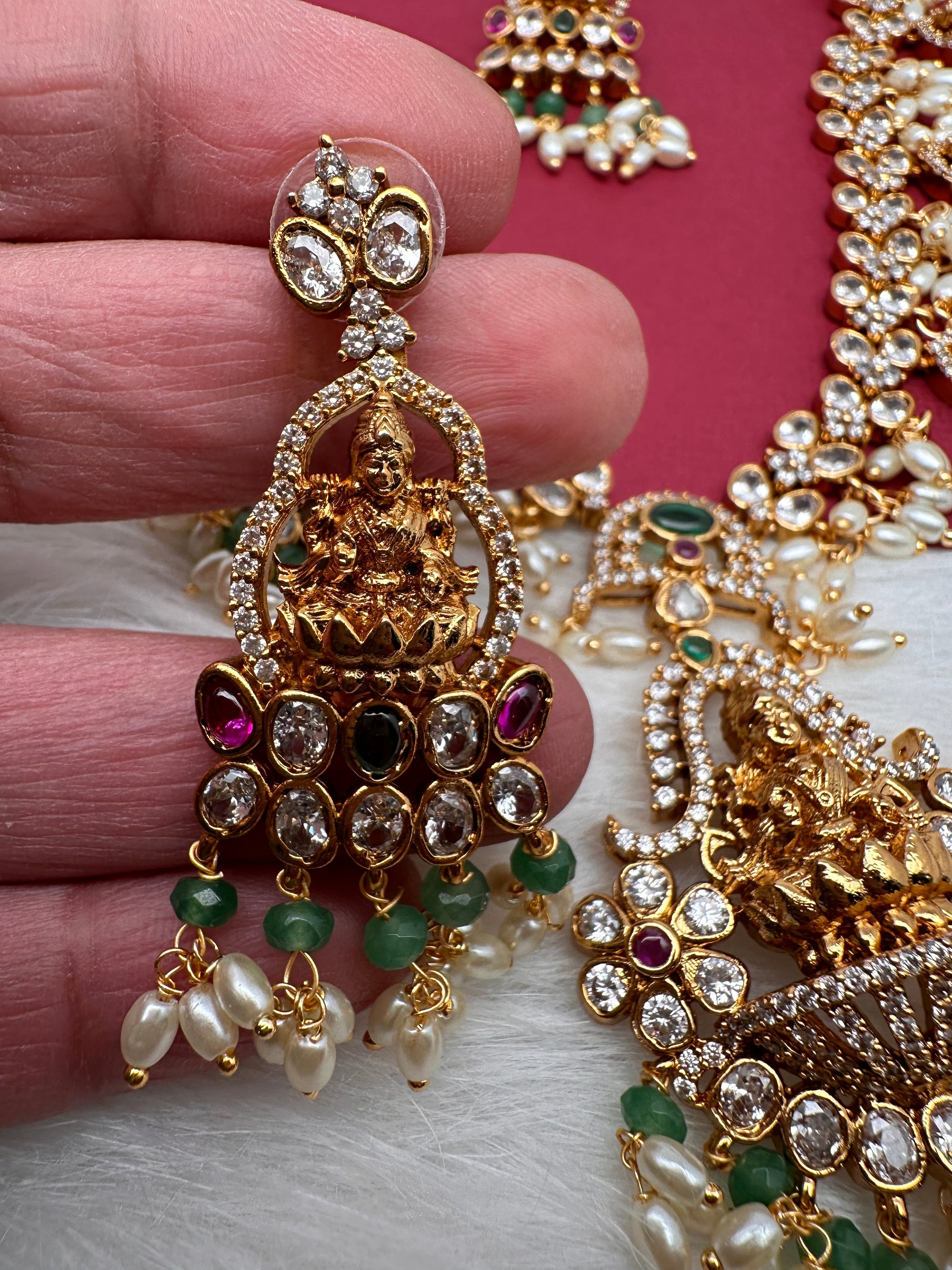 Goddess Lakshmi CZ Color Stone Rice Pearls Guttapusalu Necklace - Green