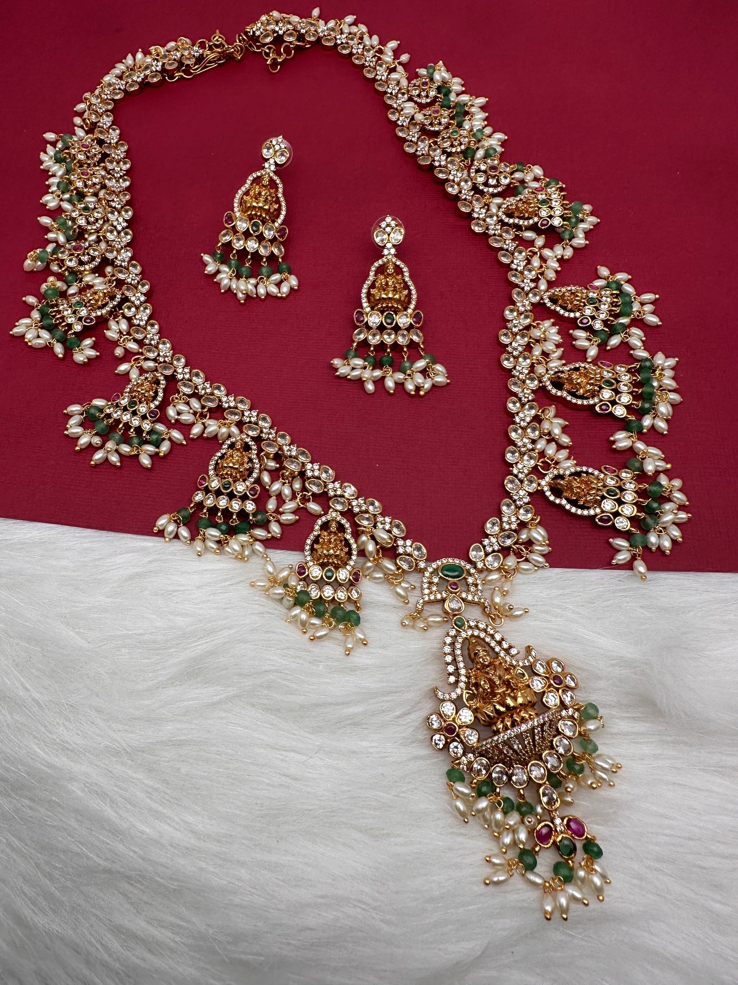 Goddess Lakshmi CZ Color Stone Rice Pearls Guttapusalu Necklace - Green
