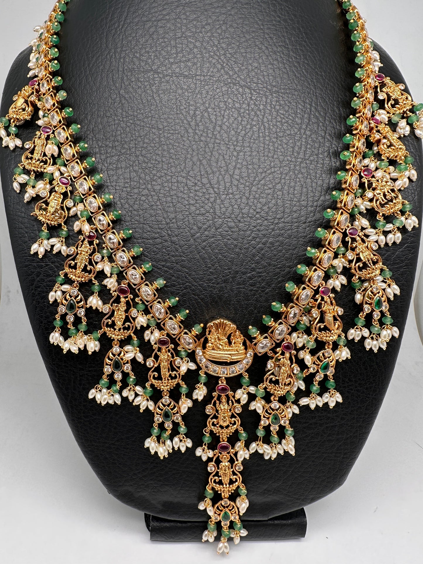 Dashavataram CZ Red Green Stone Rice Pearls Green Beads Guttapusalu Necklace