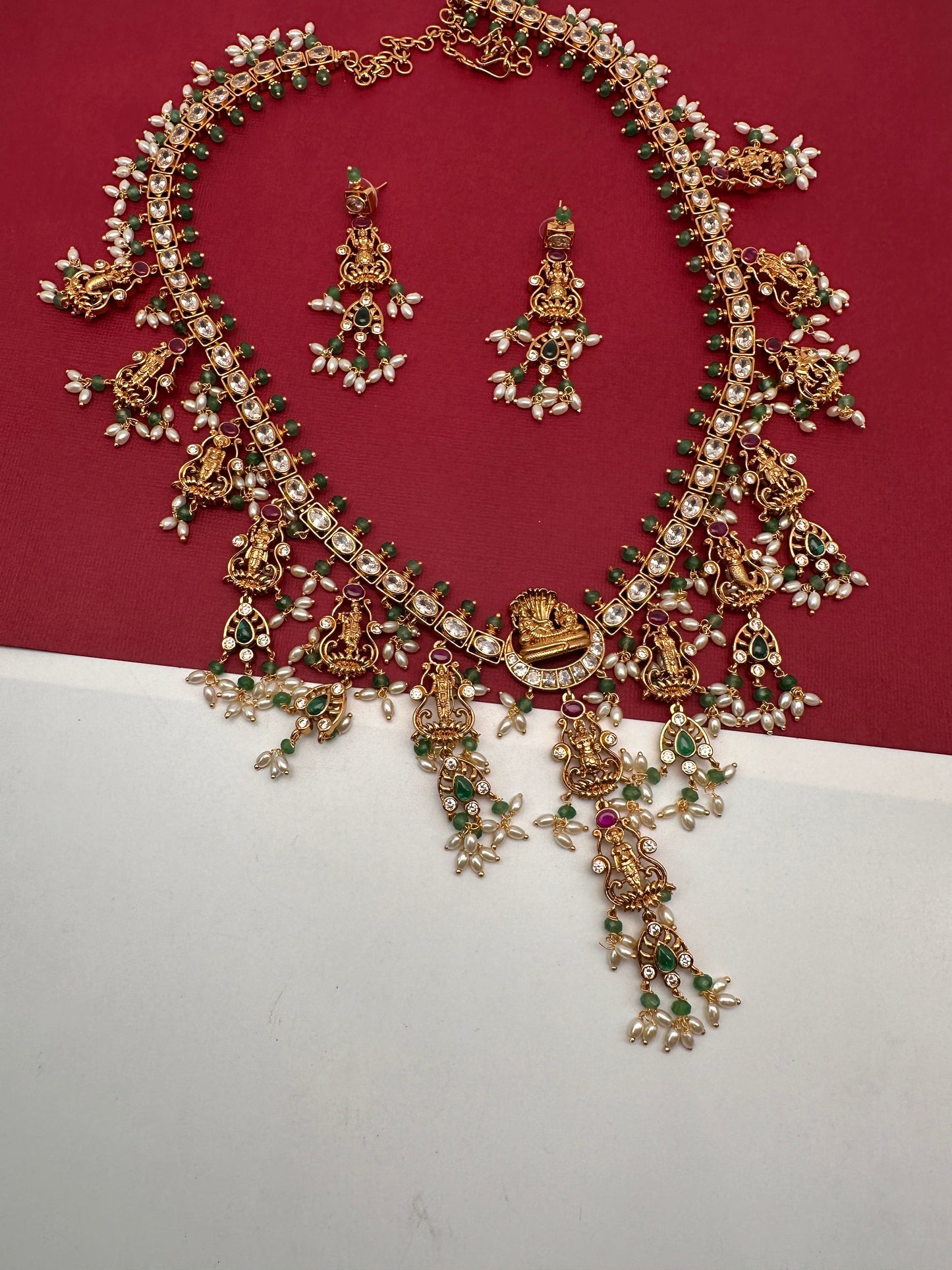 Dashavataram CZ Red Green Stone Rice Pearls Green Beads Guttapusalu Necklace