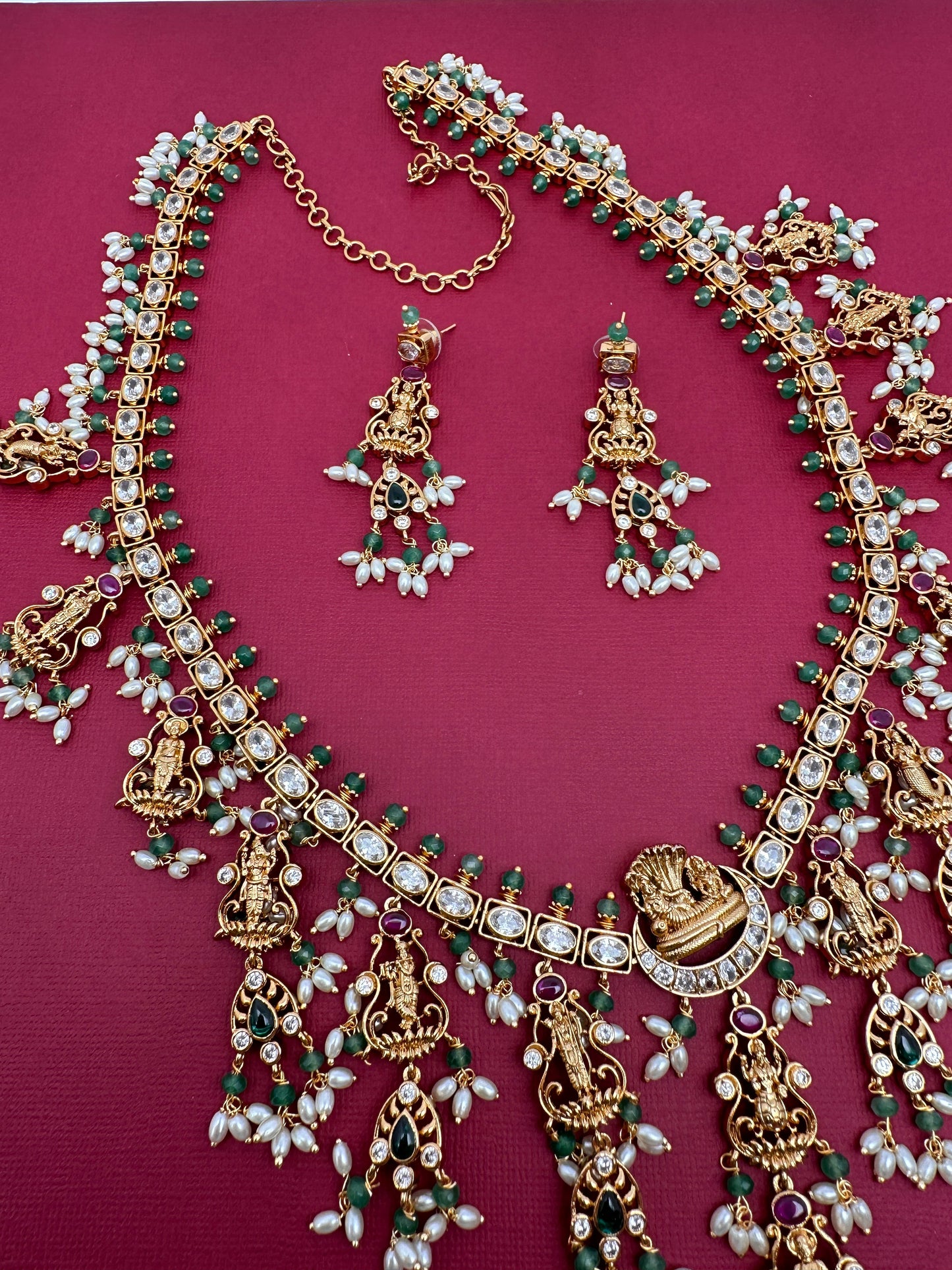 Dashavataram CZ Red Green Stone Rice Pearls Green Beads Guttapusalu Necklace