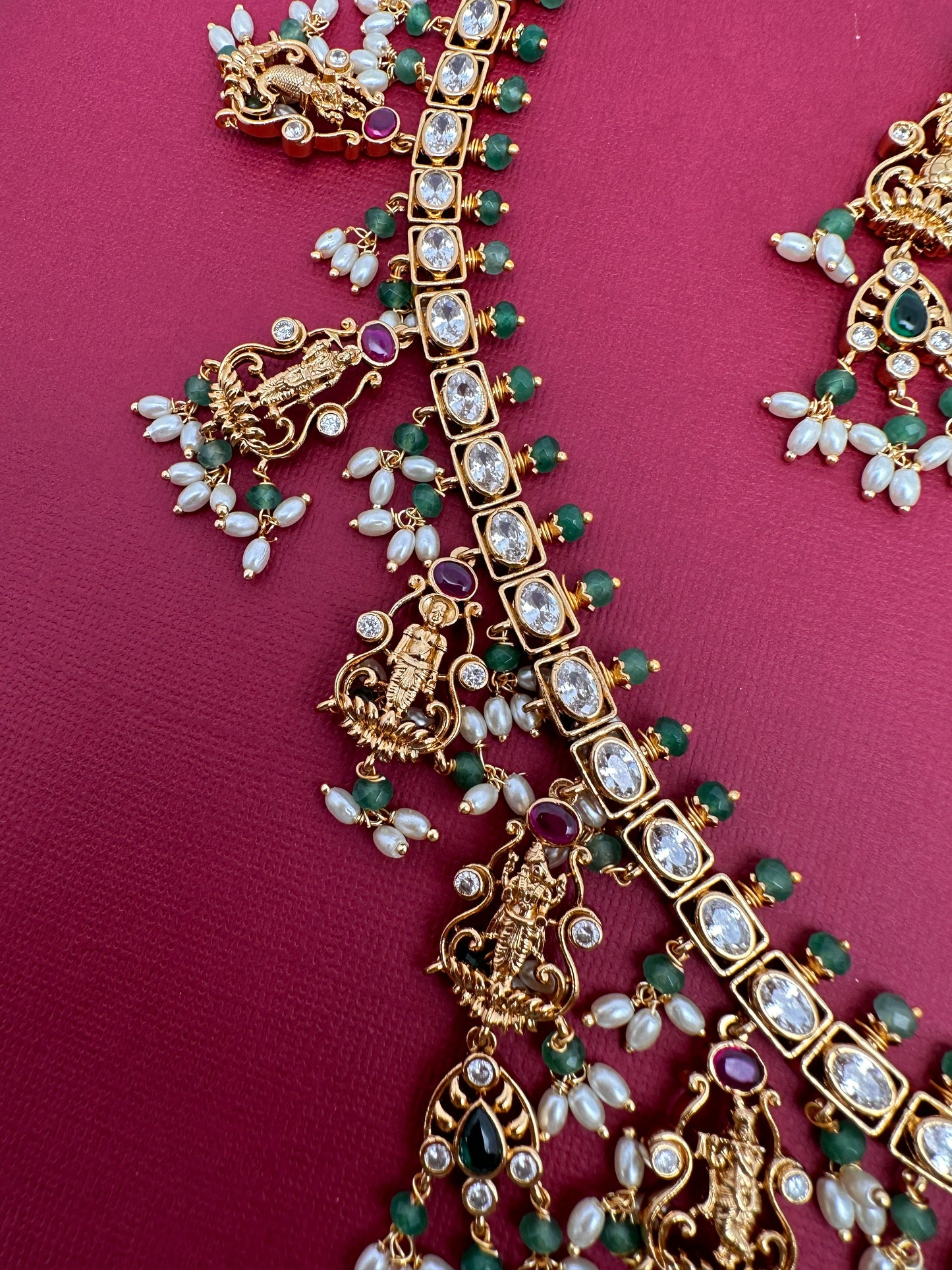 Dashavataram CZ Red Green Stone Rice Pearls Green Beads Guttapusalu Necklace