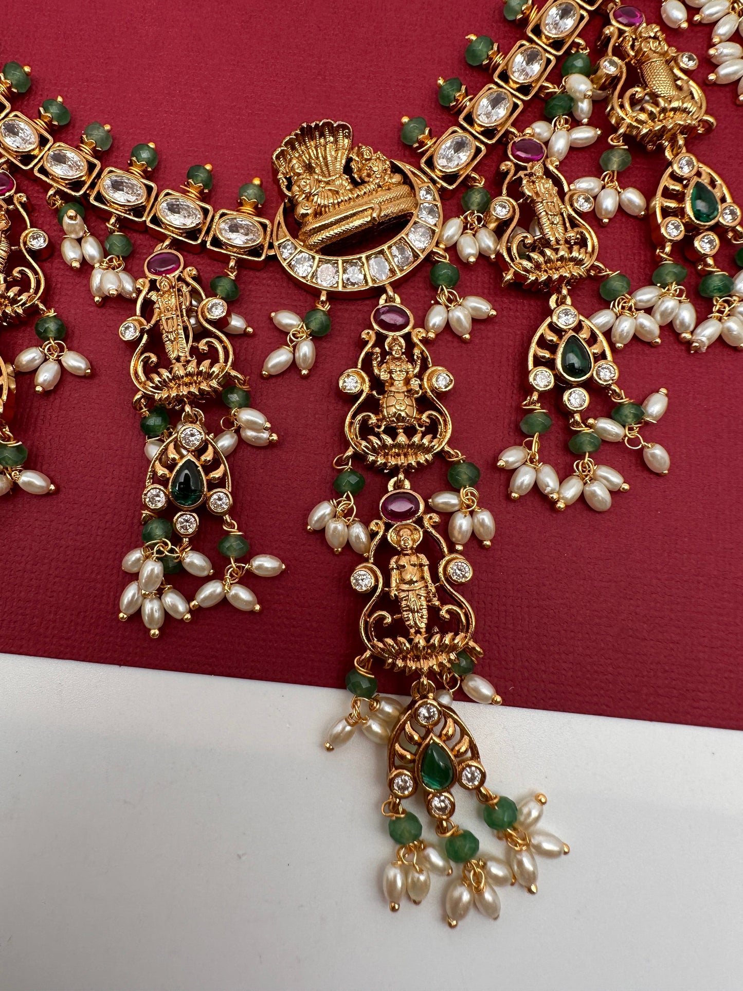 Dashavataram CZ Red Green Stone Rice Pearls Green Beads Guttapusalu Necklace