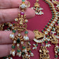 Dashavataram CZ Red Green Stone Rice Pearls Green Beads Guttapusalu Necklace