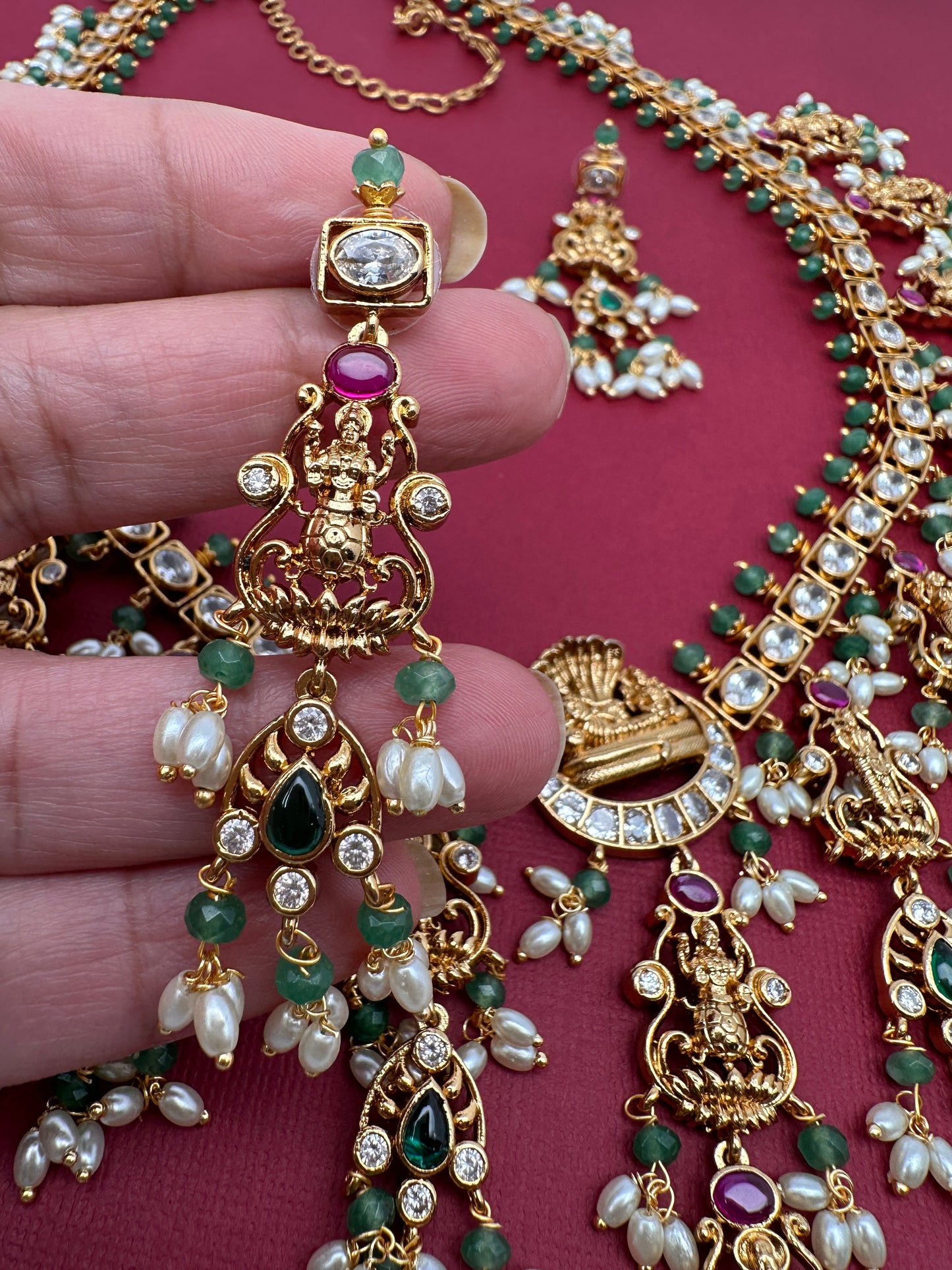 Dashavataram CZ Red Green Stone Rice Pearls Green Beads Guttapusalu Necklace