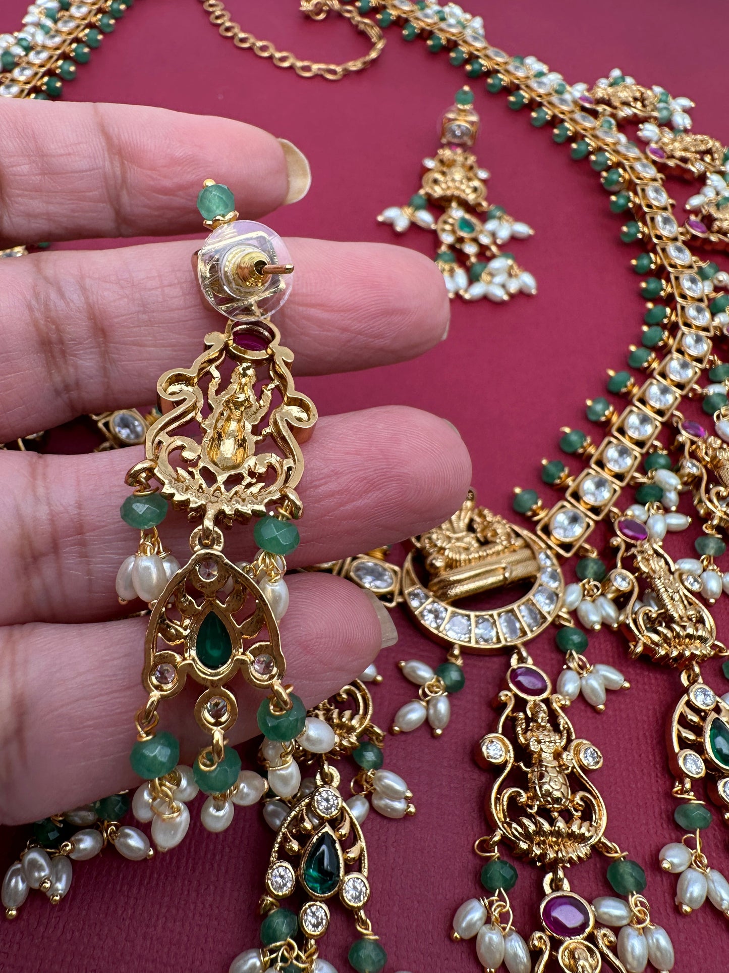Dashavataram CZ Red Green Stone Rice Pearls Green Beads Guttapusalu Necklace