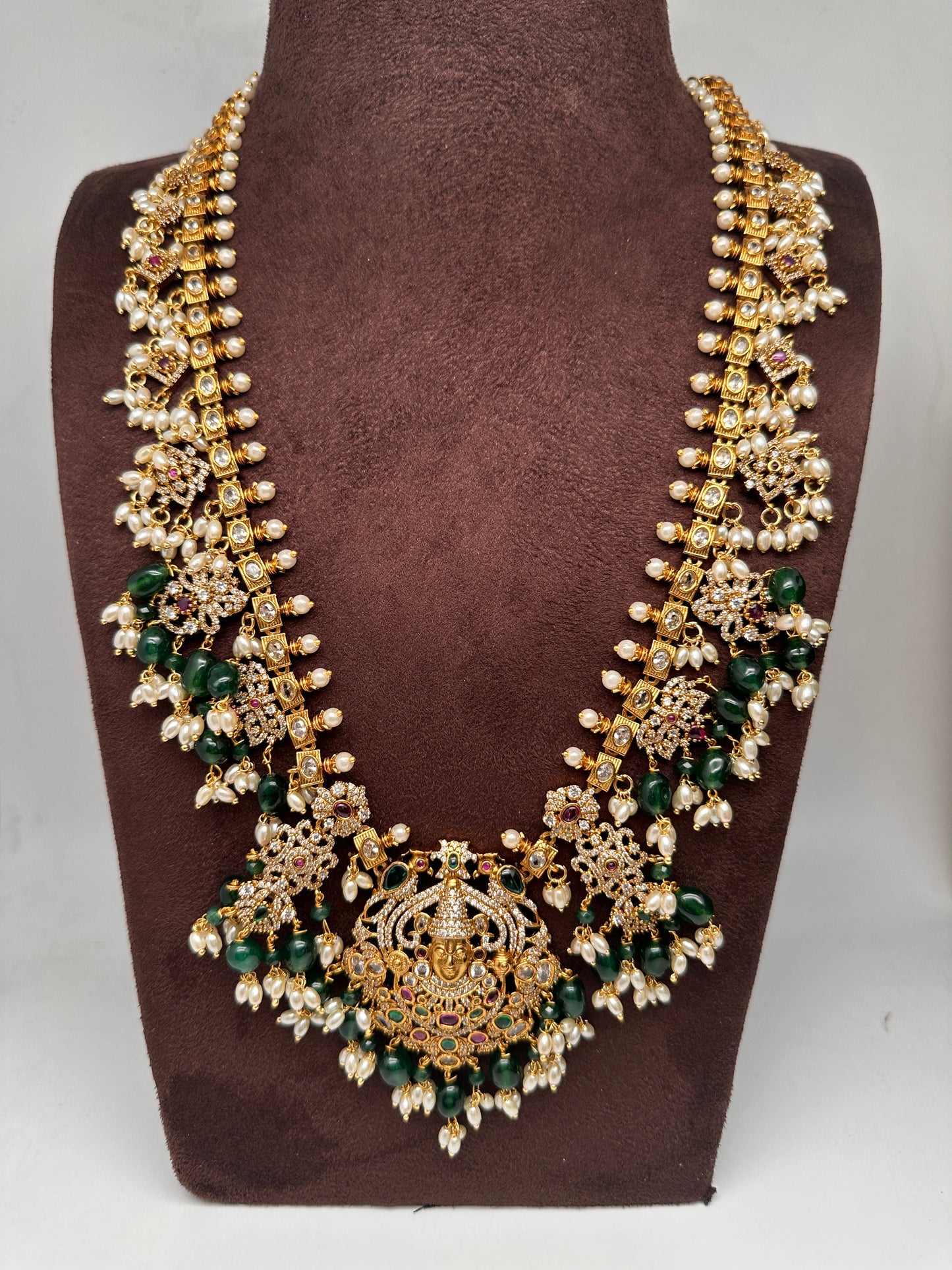 Lord Balaji AD Green Beads Rice Pearls Guttapusalu Necklace