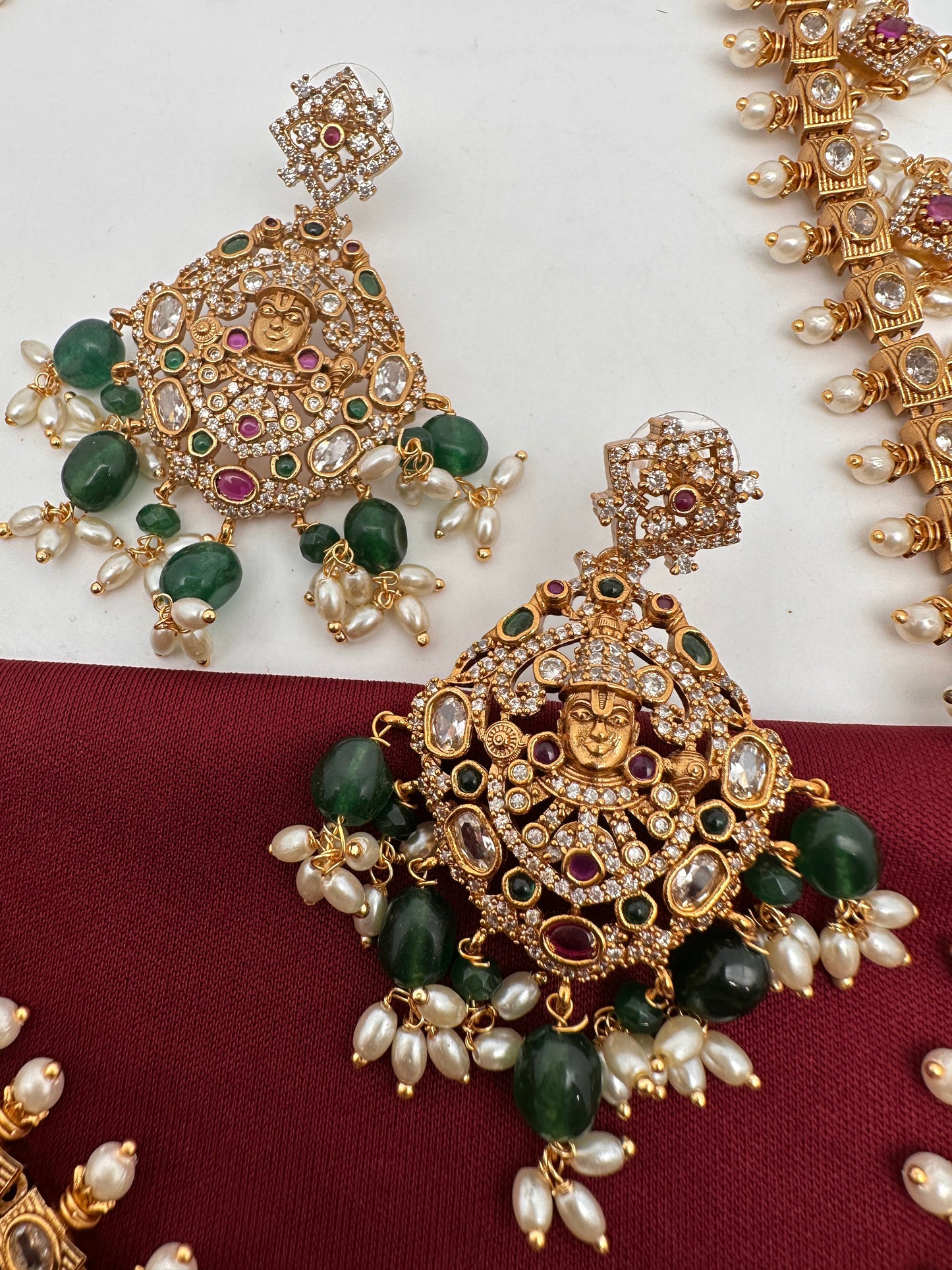 Lord Balaji AD Green Beads Rice Pearls Guttapusalu Necklace