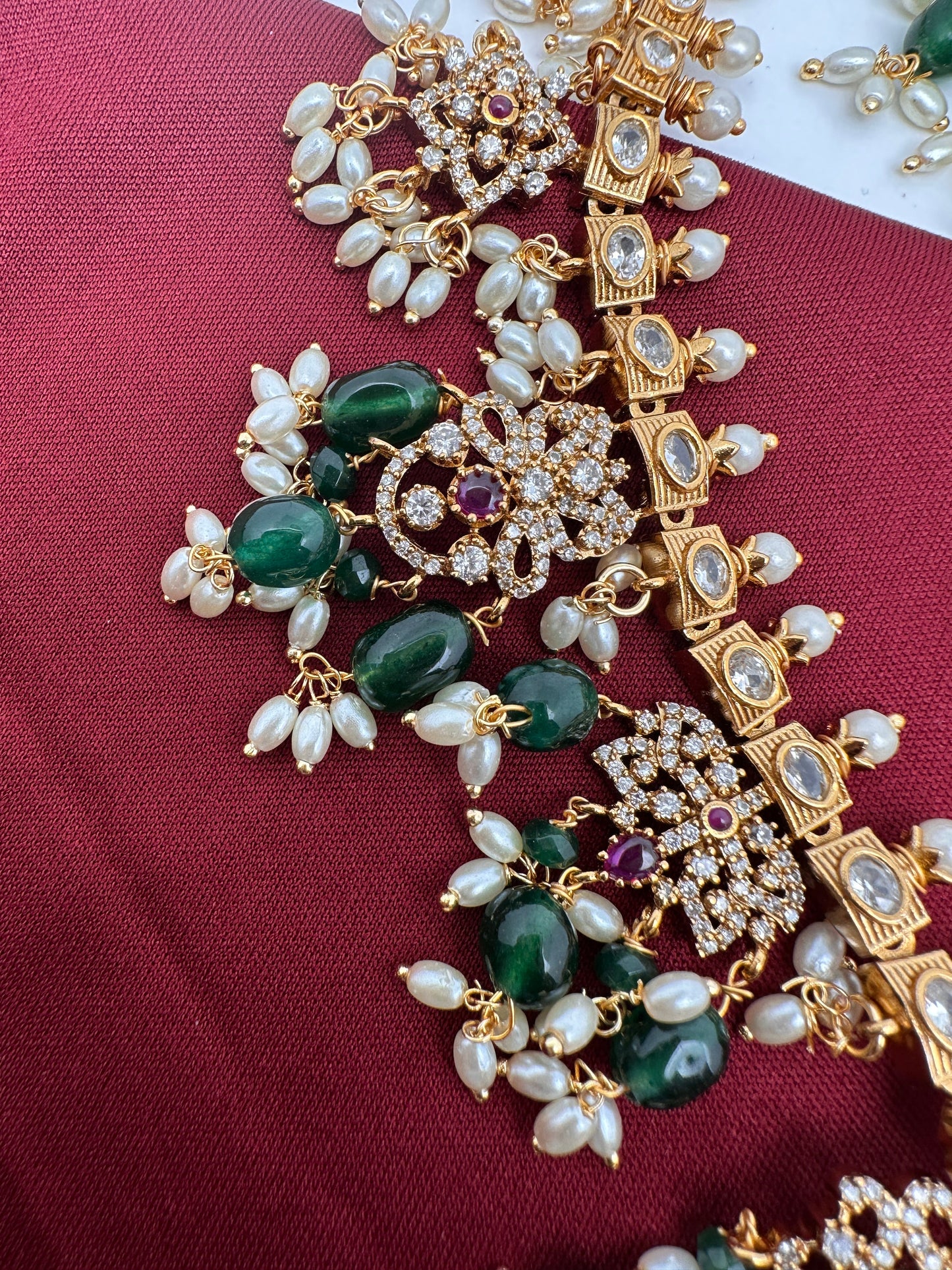 Lord Balaji AD Green Beads Rice Pearls Guttapusalu Necklace