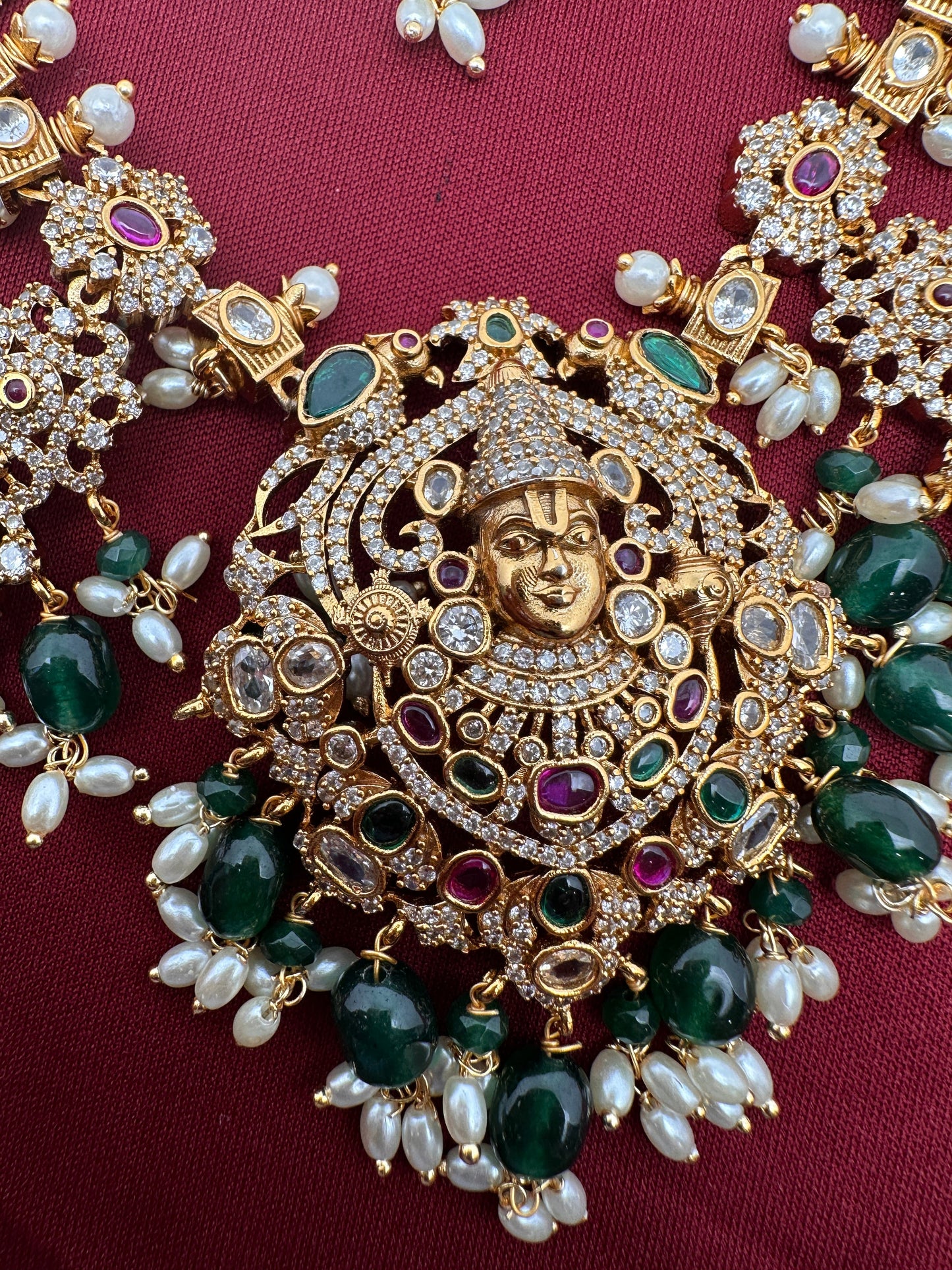 Lord Balaji AD Green Beads Rice Pearls Guttapusalu Necklace