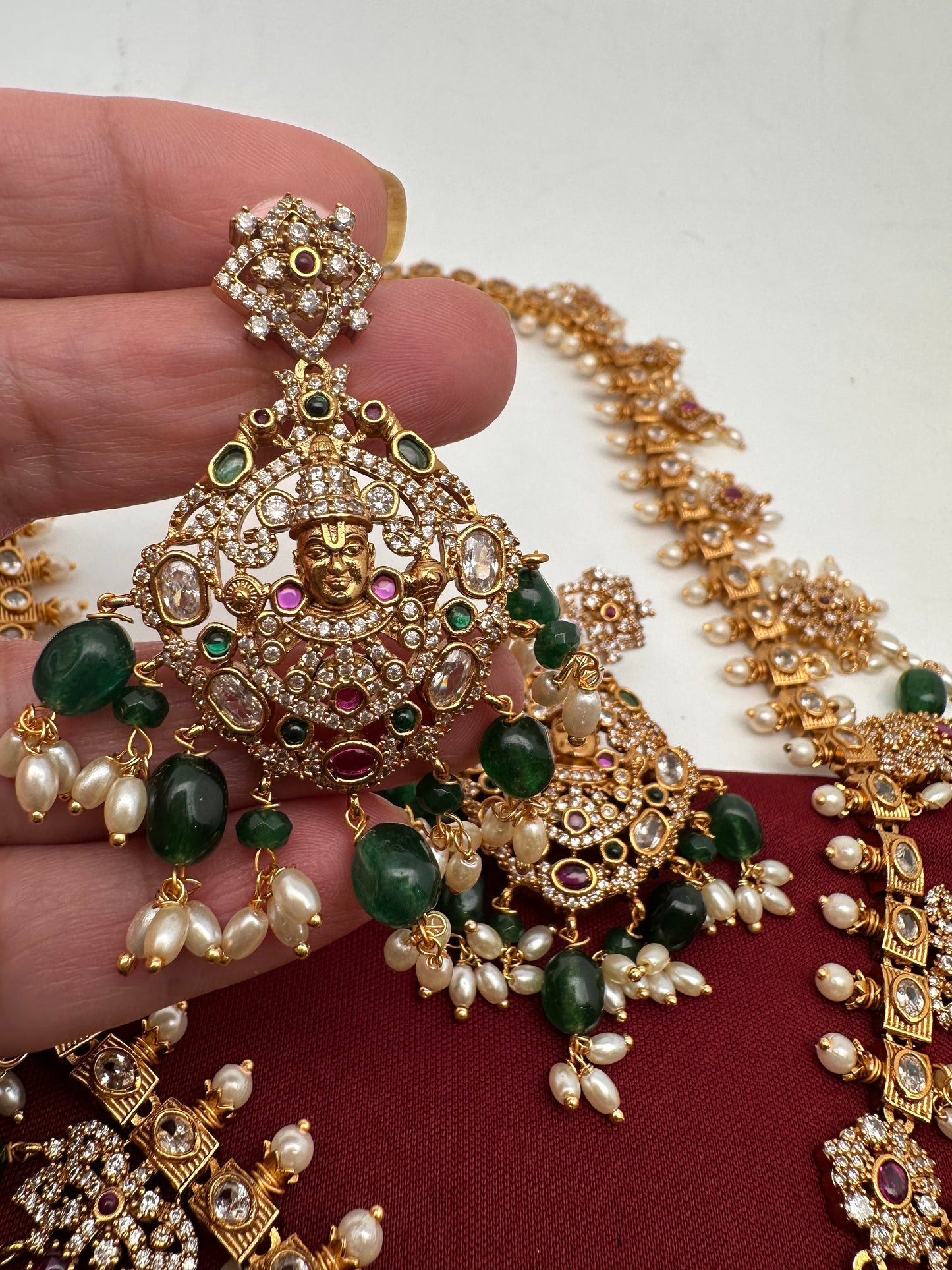 Lord Balaji AD Green Beads Rice Pearls Guttapusalu Necklace