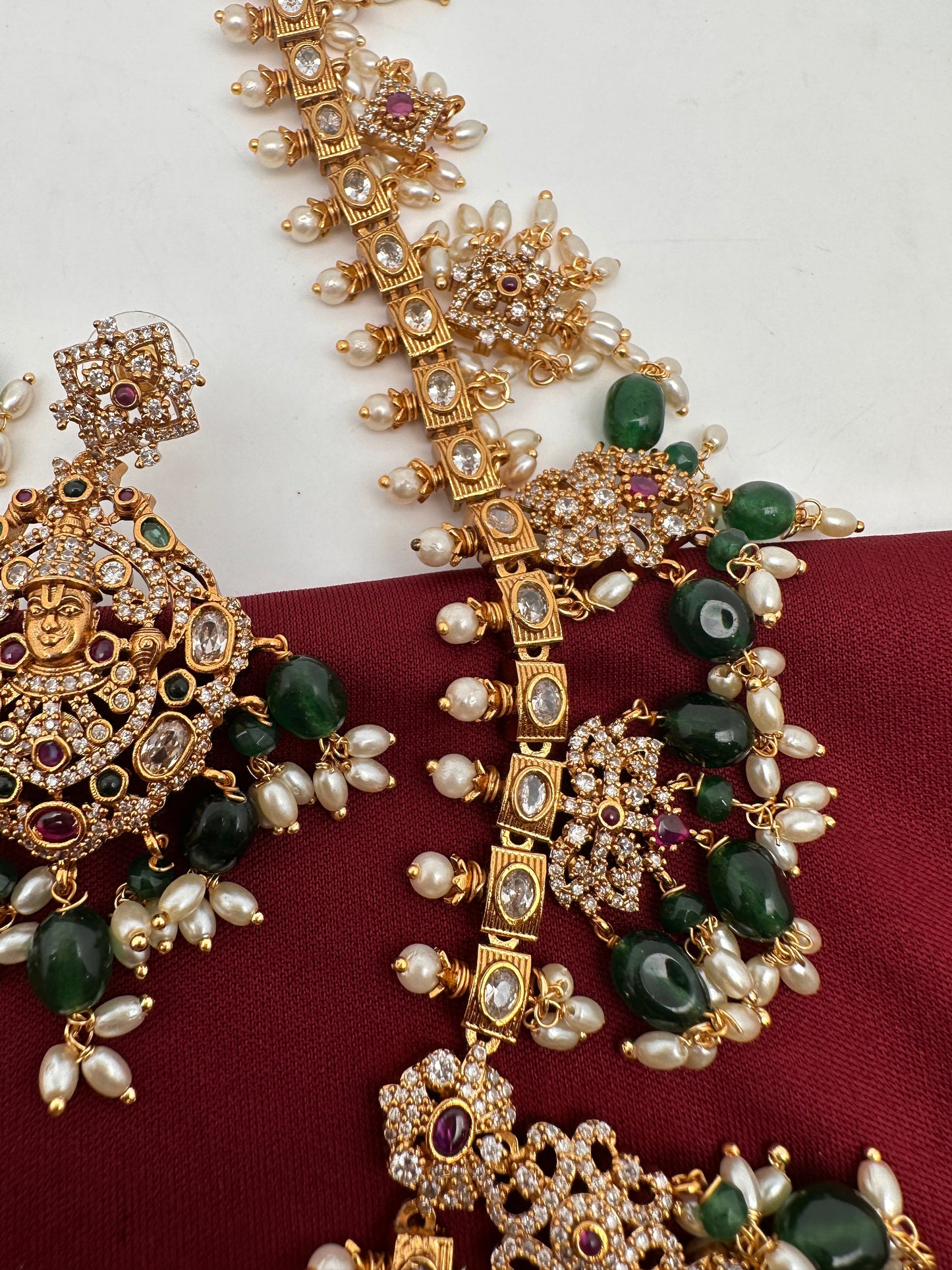 Lord Balaji AD Green Beads Rice Pearls Guttapusalu Necklace