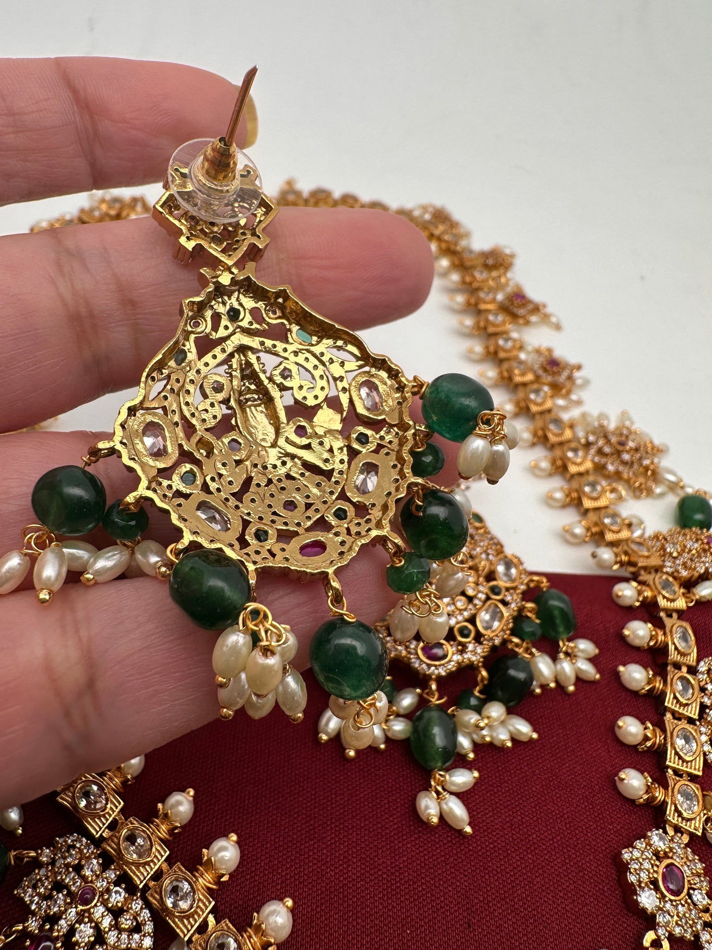 Lord Balaji AD Green Beads Rice Pearls Guttapusalu Necklace