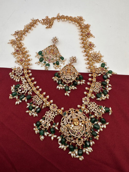 Lord Balaji AD Green Beads Rice Pearls Guttapusalu Necklace