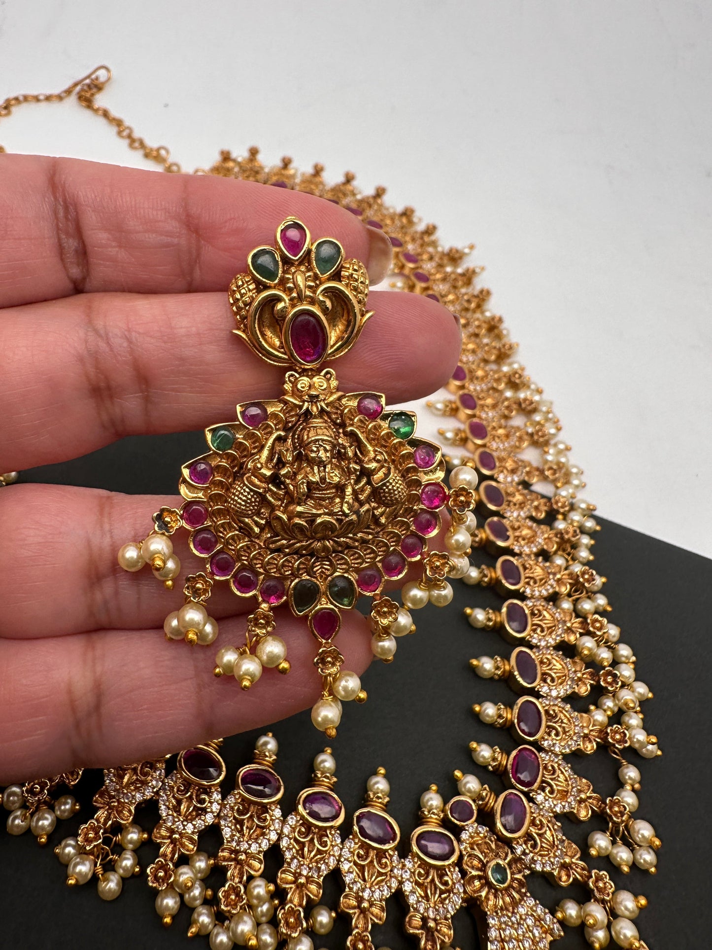 Goddess Lakshmi AD Red Kemp Green Beads Guttapusalu Necklace