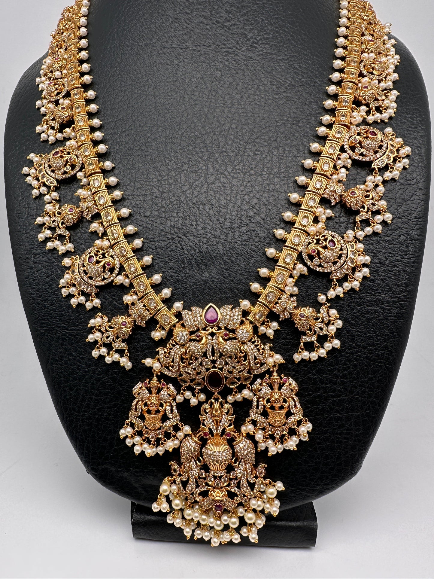 Peacock Design CZ Red Green Stone Guttapusalu Necklace